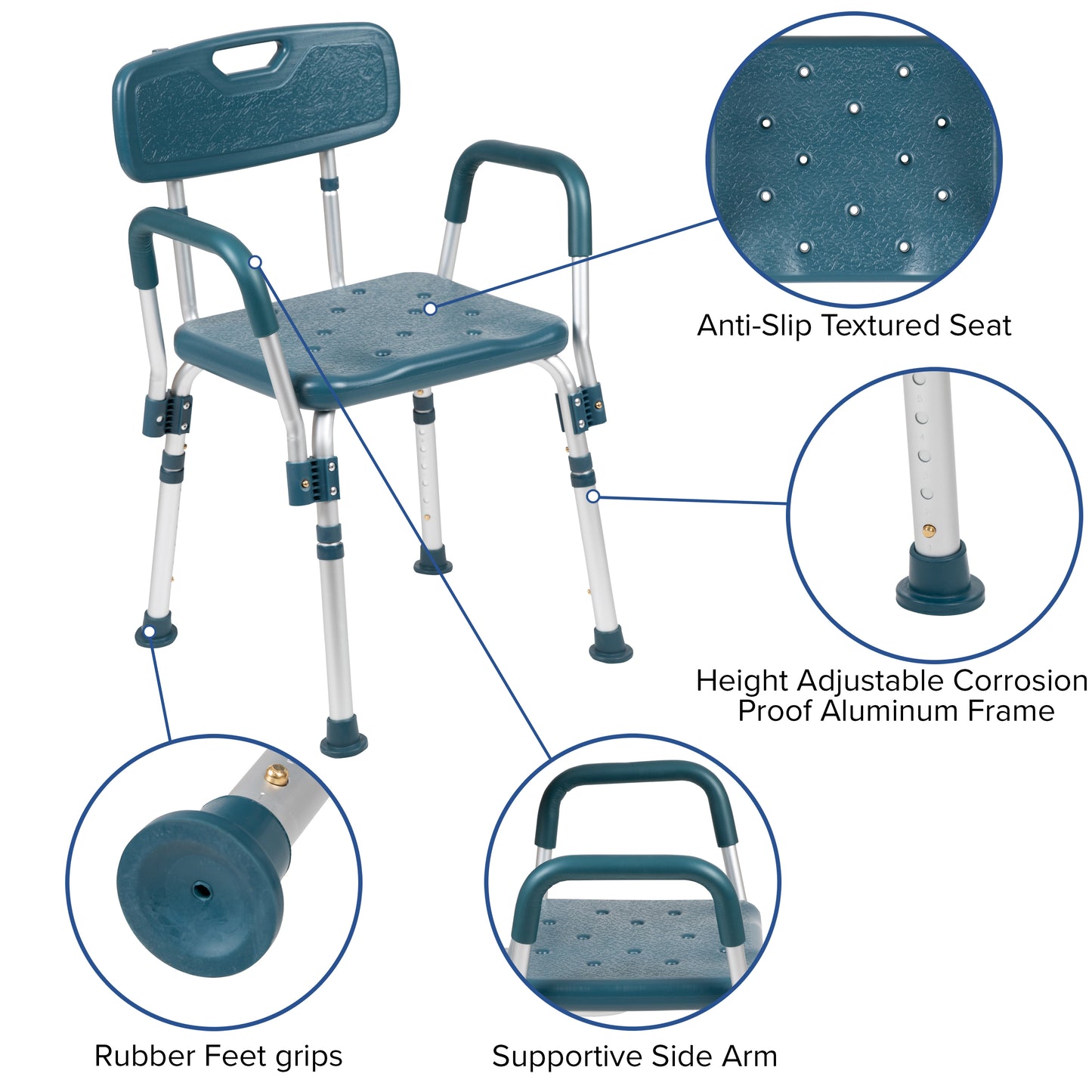HERCULES Series 300 Lb. Capacity Adjustable Navy Bath & Shower Chair with Quick Release Back & Arms Navy