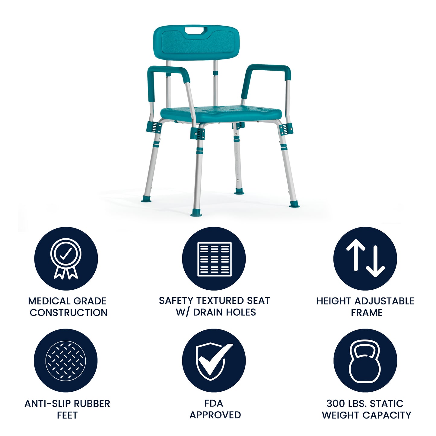 HERCULES Series 300 Lb. Capacity Adjustable Teal Bath & Shower Chair with Quick Release Back & Arms Teal