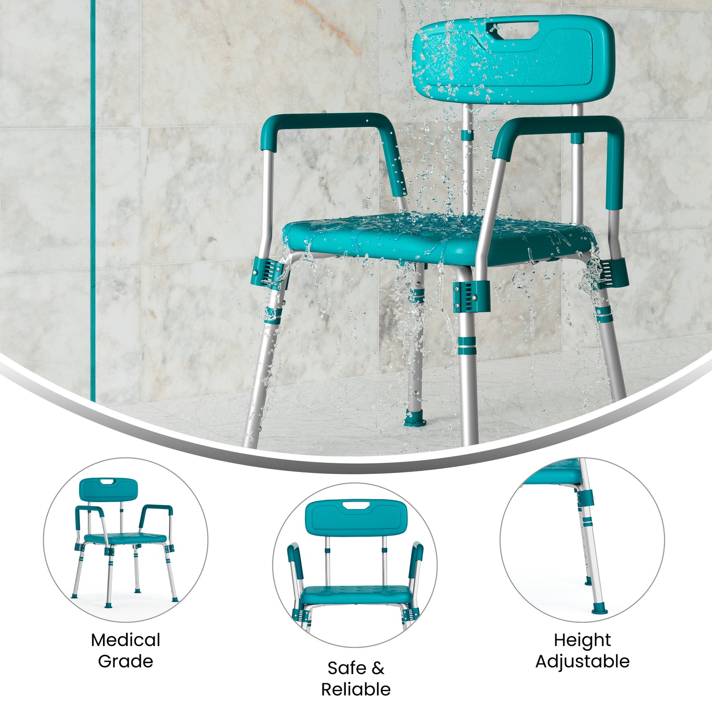 HERCULES Series 300 Lb. Capacity Adjustable Teal Bath & Shower Chair with Quick Release Back & Arms Teal