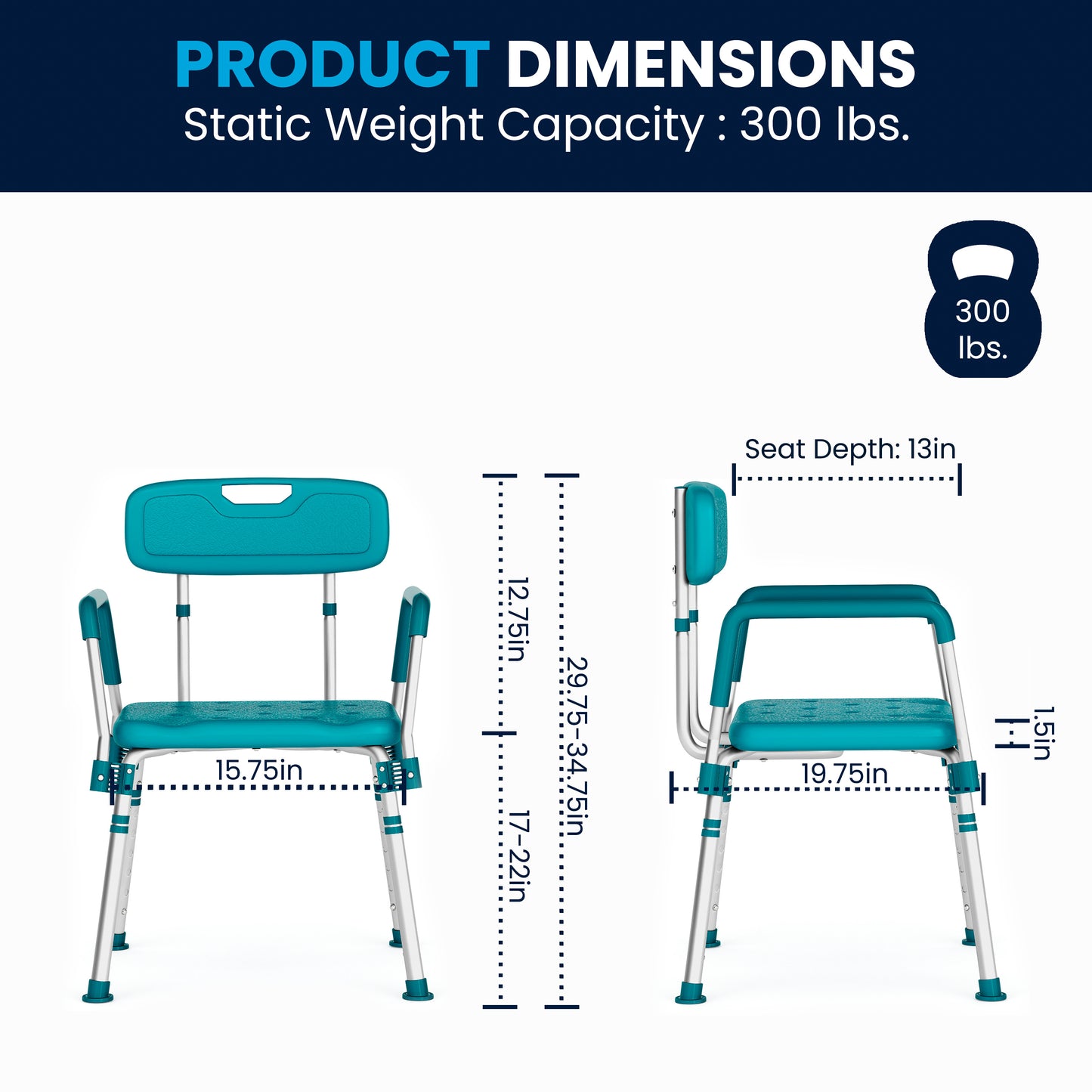 HERCULES Series 300 Lb. Capacity Adjustable Teal Bath & Shower Chair with Quick Release Back & Arms Teal