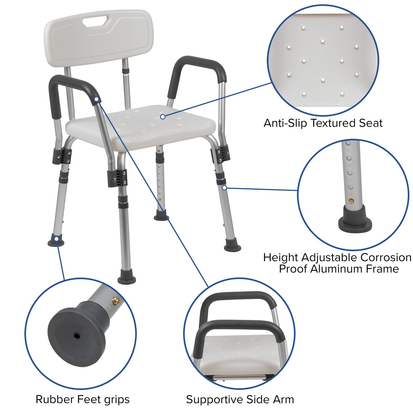 HERCULES Series 300 Lb. Capacity Adjustable White Bath & Shower Chair with Quick Release Back & Arms White DC-HY3523L-WH-GG