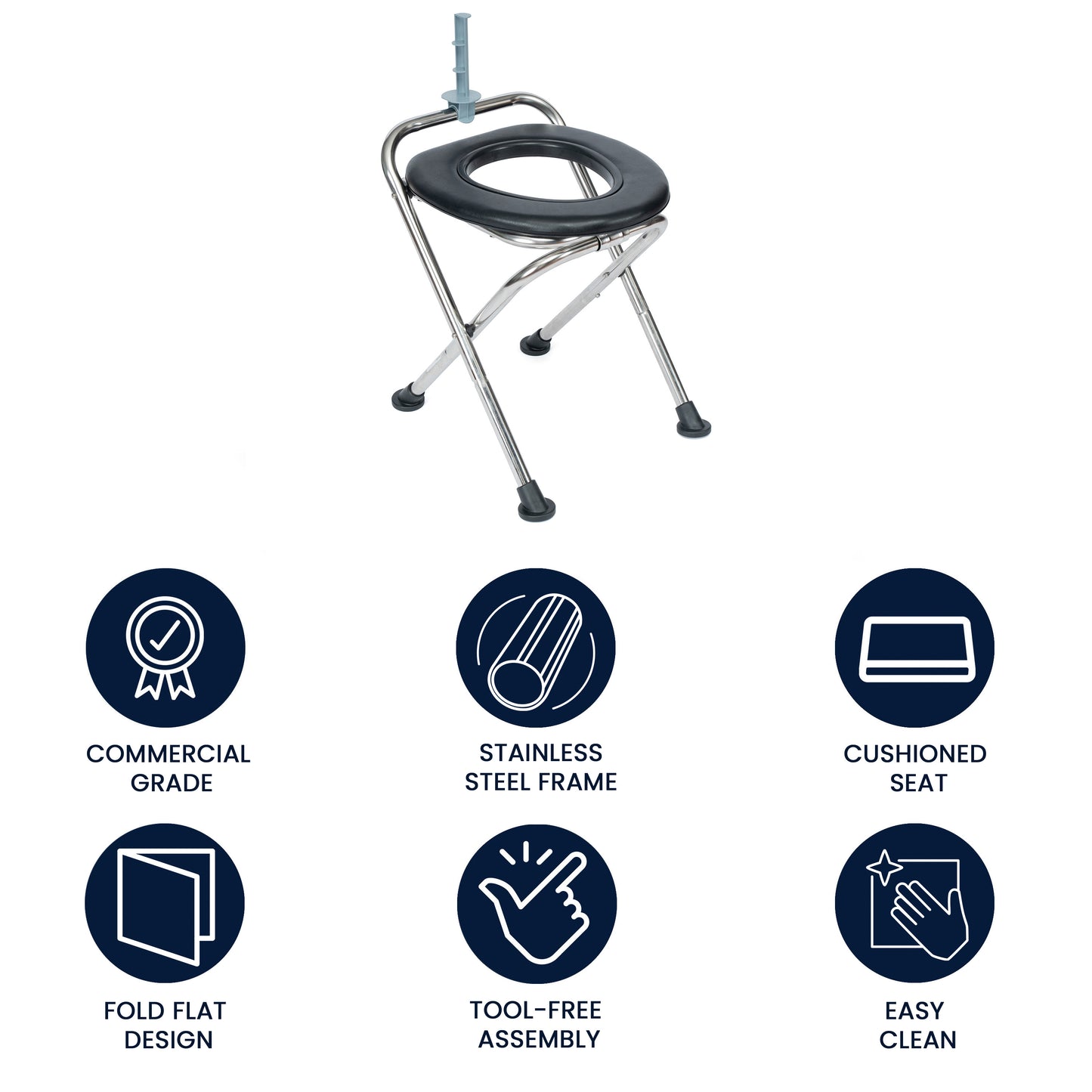 HERCULES Folding Travel Toilet with Toilet Tissue Holder, Cushioned Vinyl Seat, and Stainless Steel Frame with Non-Slip Rubber Feet in Black Silver/Black