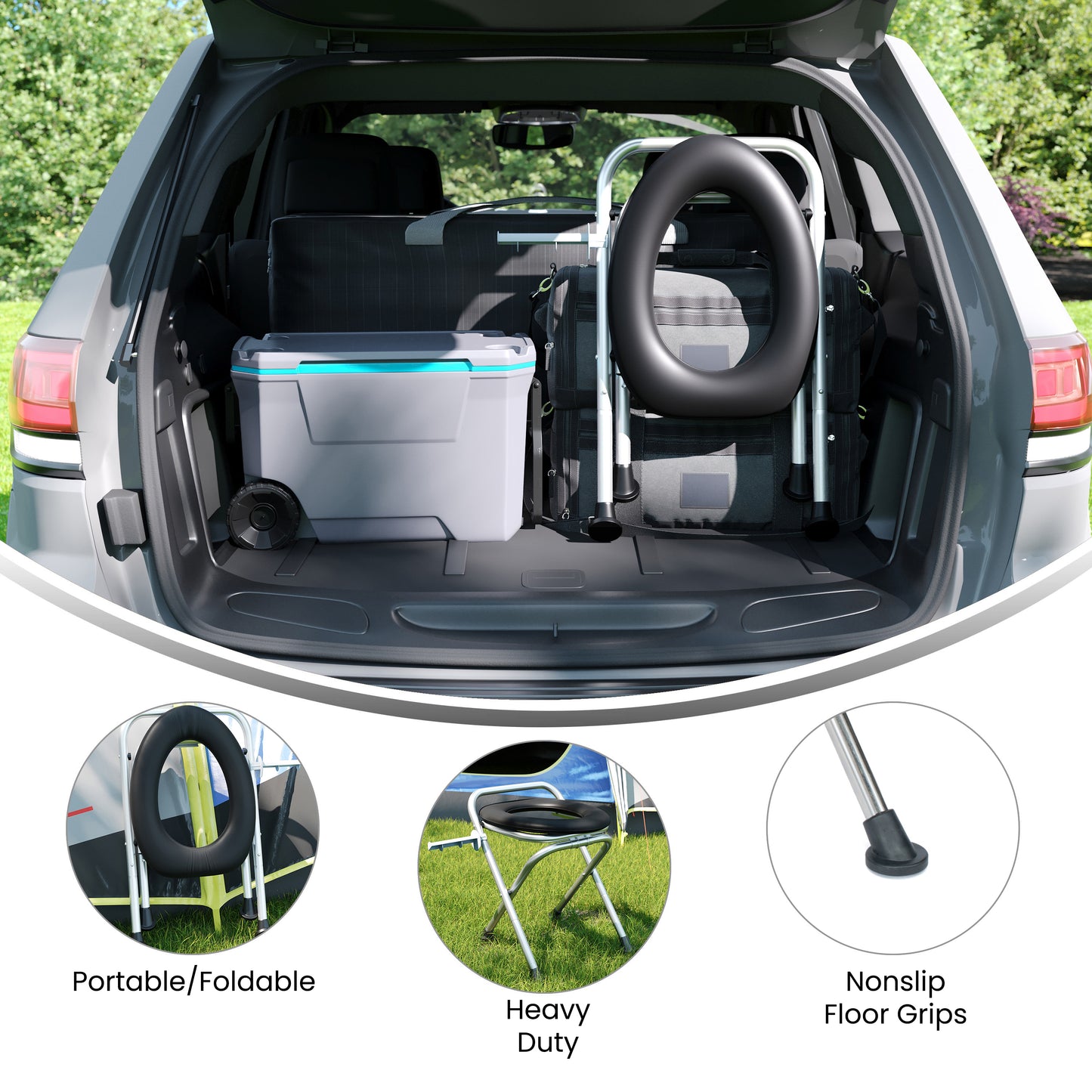 HERCULES Folding Travel Toilet with Toilet Tissue Holder, Cushioned Vinyl Seat, and Stainless Steel Frame with Non-Slip Rubber Feet in Black Silver/Black