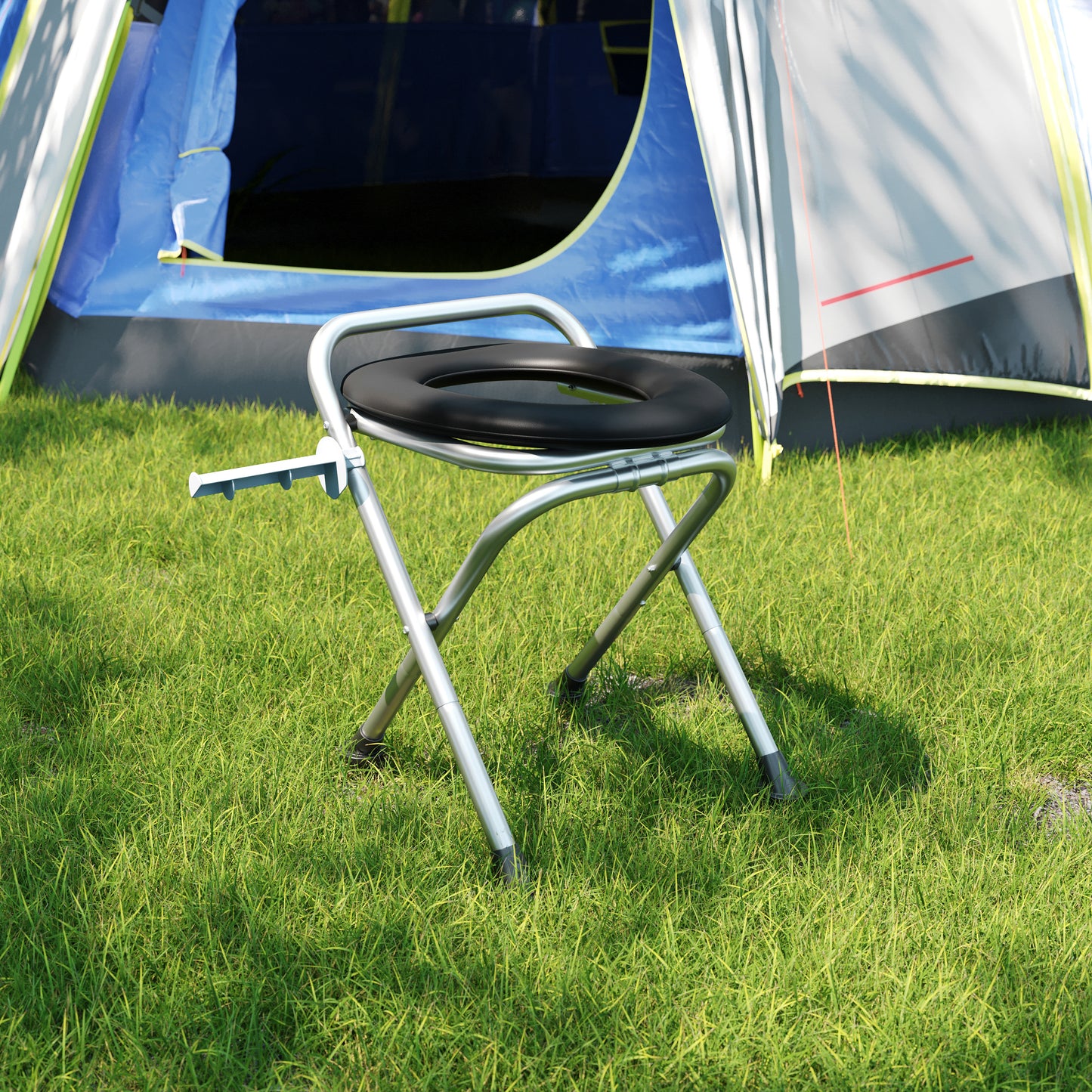 HERCULES Folding Travel Toilet with Toilet Tissue Holder, Cushioned Vinyl Seat, and Stainless Steel Frame with Non-Slip Rubber Feet in Black Silver/Black