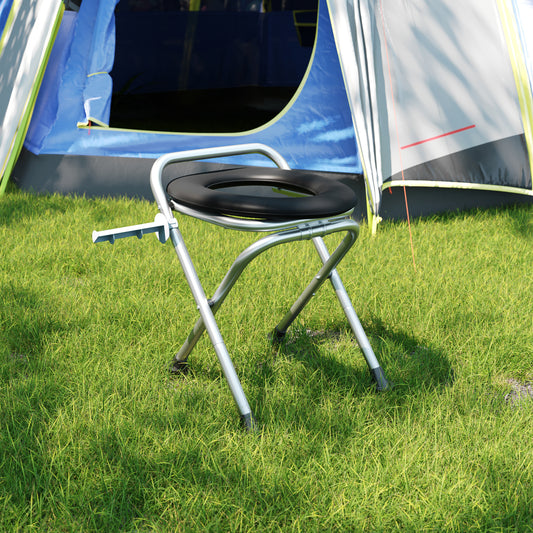 HERCULES Folding Travel Toilet with Toilet Tissue Holder, Cushioned Vinyl Seat, and Stainless Steel Frame with Non-Slip Rubber Feet in Black Silver/Black