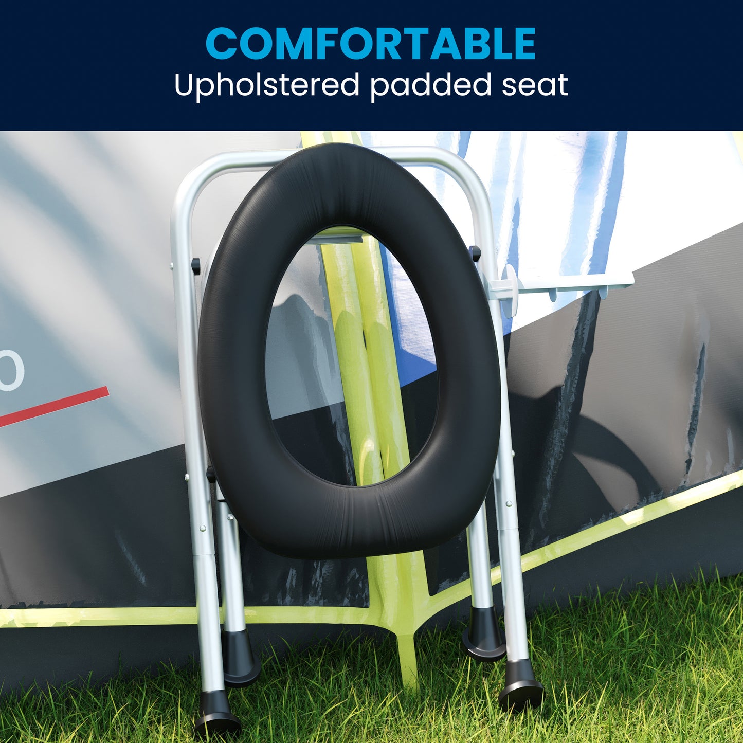 HERCULES Folding Travel Toilet with Toilet Tissue Holder, Cushioned Vinyl Seat, and Stainless Steel Frame with Non-Slip Rubber Feet in Black Silver/Black