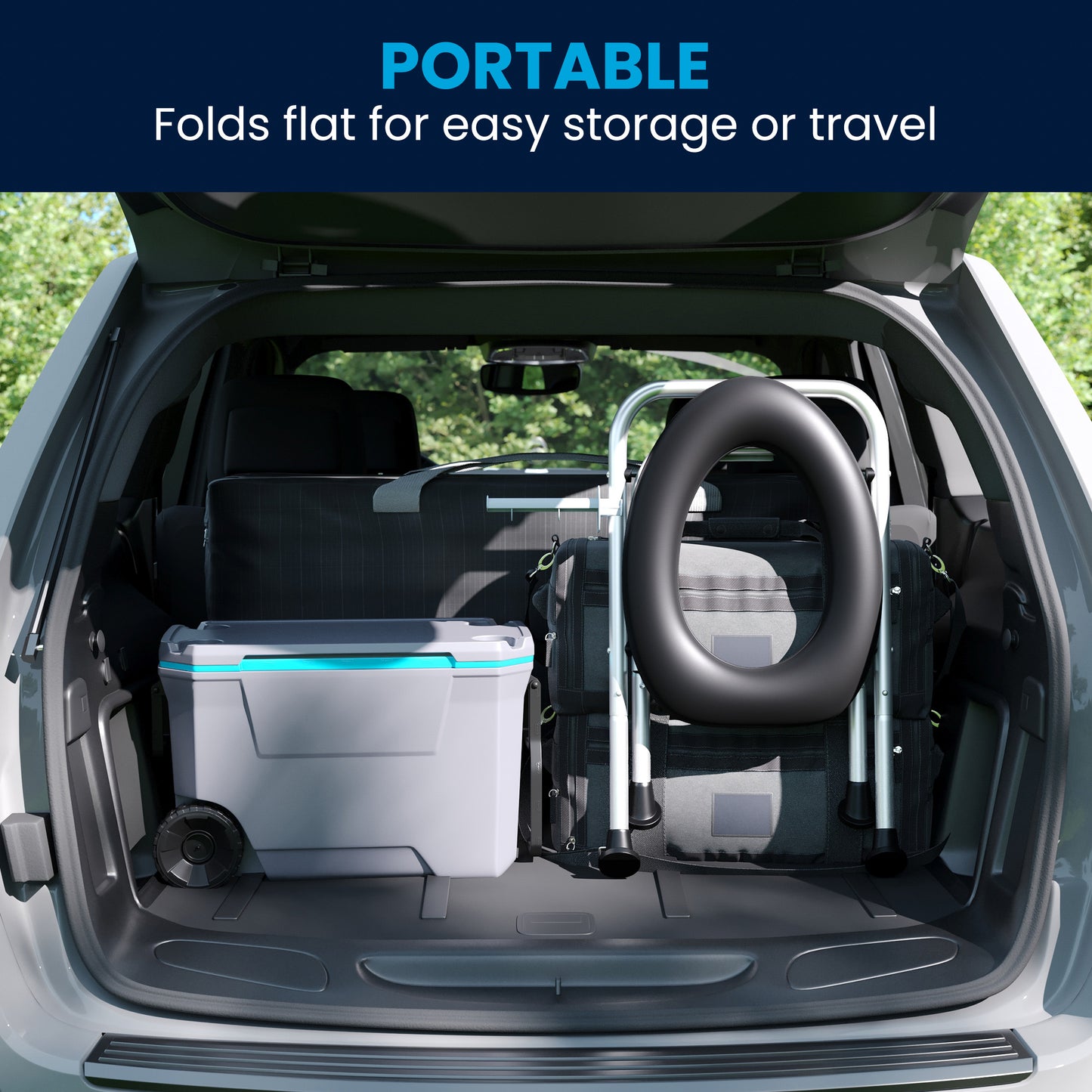 HERCULES Folding Travel Toilet with Toilet Tissue Holder, Cushioned Vinyl Seat, and Stainless Steel Frame with Non-Slip Rubber Feet in Black Silver/Black