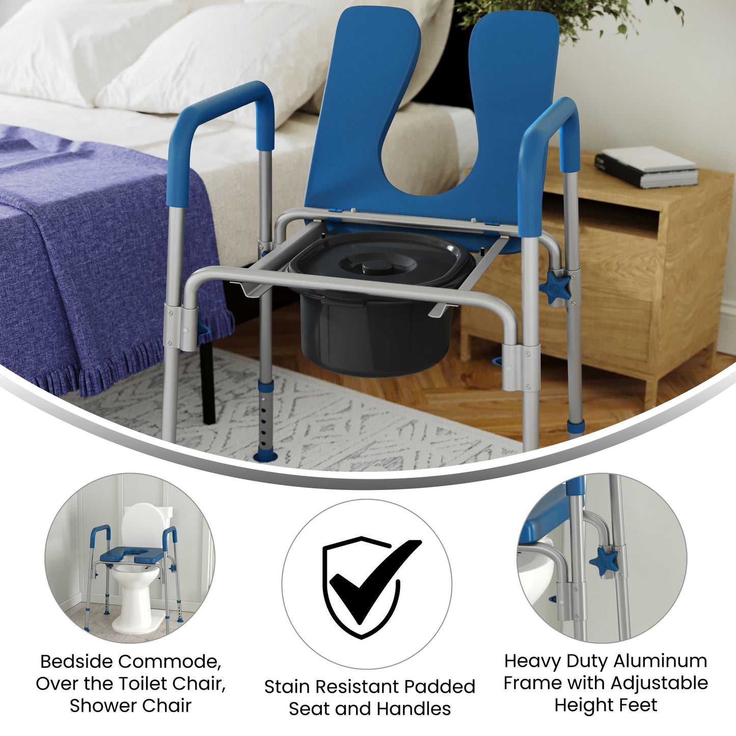 Hercules Blue Shower Commode Chair with Safety Rail, Height Adjustable Frame, Padded Seat & Armrests, Commode Pail with Lid, Fits Most Toilets Blue