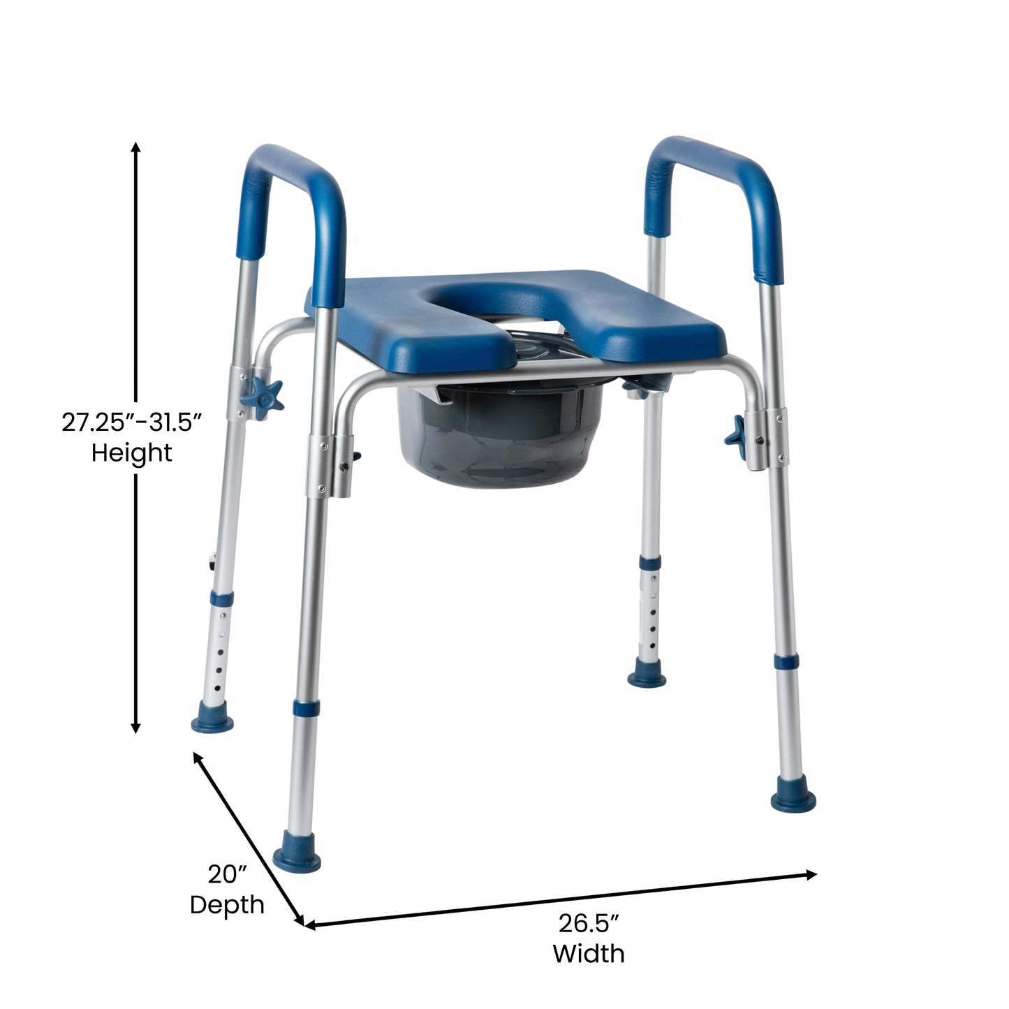 Hercules Blue Shower Commode Chair with Safety Rail, Height Adjustable Frame, Padded Seat & Armrests, Commode Pail with Lid, Fits Most Toilets Blue