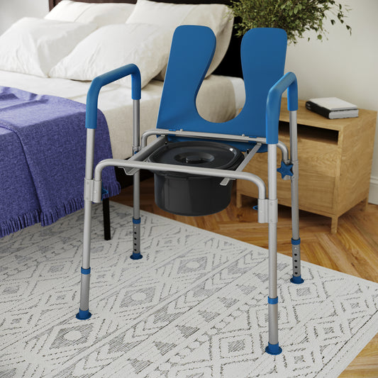 Hercules Blue Shower Commode Chair with Safety Rail, Height Adjustable Frame, Padded Seat & Armrests, Commode Pail with Lid, Fits Most Toilets Blue