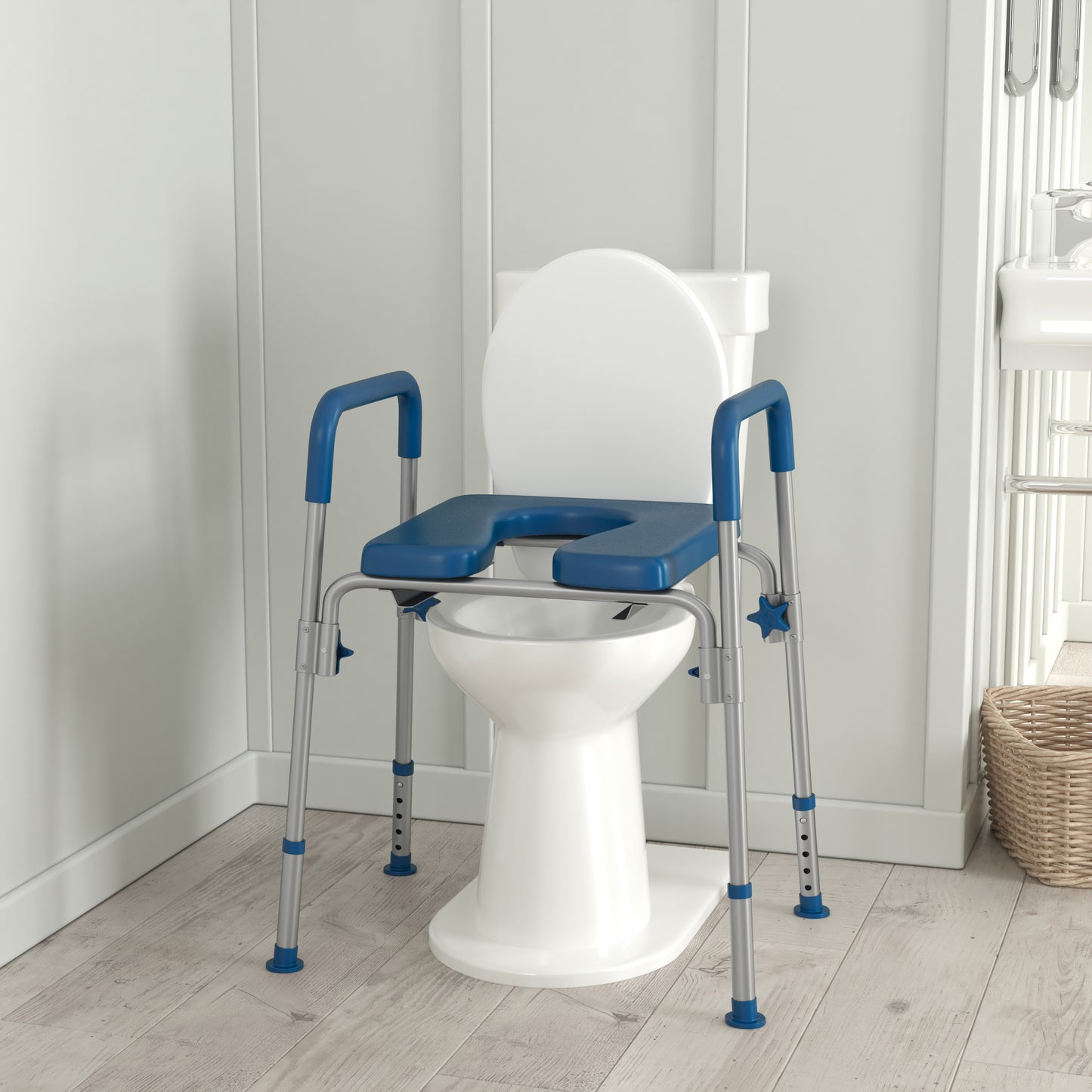 Hercules Blue Shower Commode Chair with Safety Rail, Height Adjustable Frame, Padded Seat & Armrests, Commode Pail with Lid, Fits Most Toilets Blue