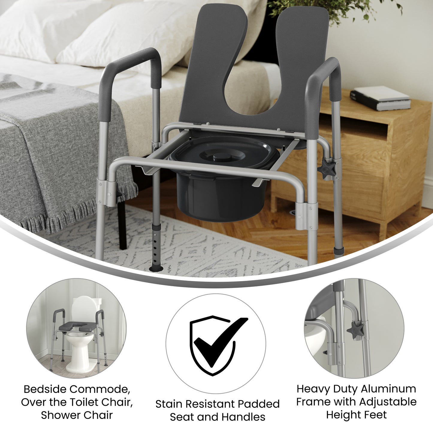 Hercules Gray Shower Commode Chair with Safety Rail, Height Adjustable Frame, Padded Seat & Armrests, Commode Pail with Lid, Fits Most Toilets Gray