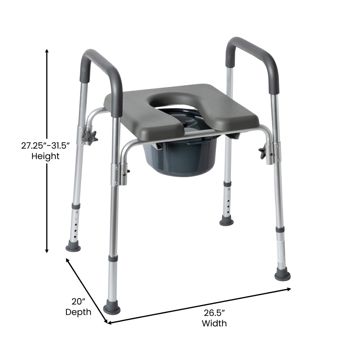 Hercules Gray Shower Commode Chair with Safety Rail, Height Adjustable Frame, Padded Seat & Armrests, Commode Pail with Lid, Fits Most Toilets Gray