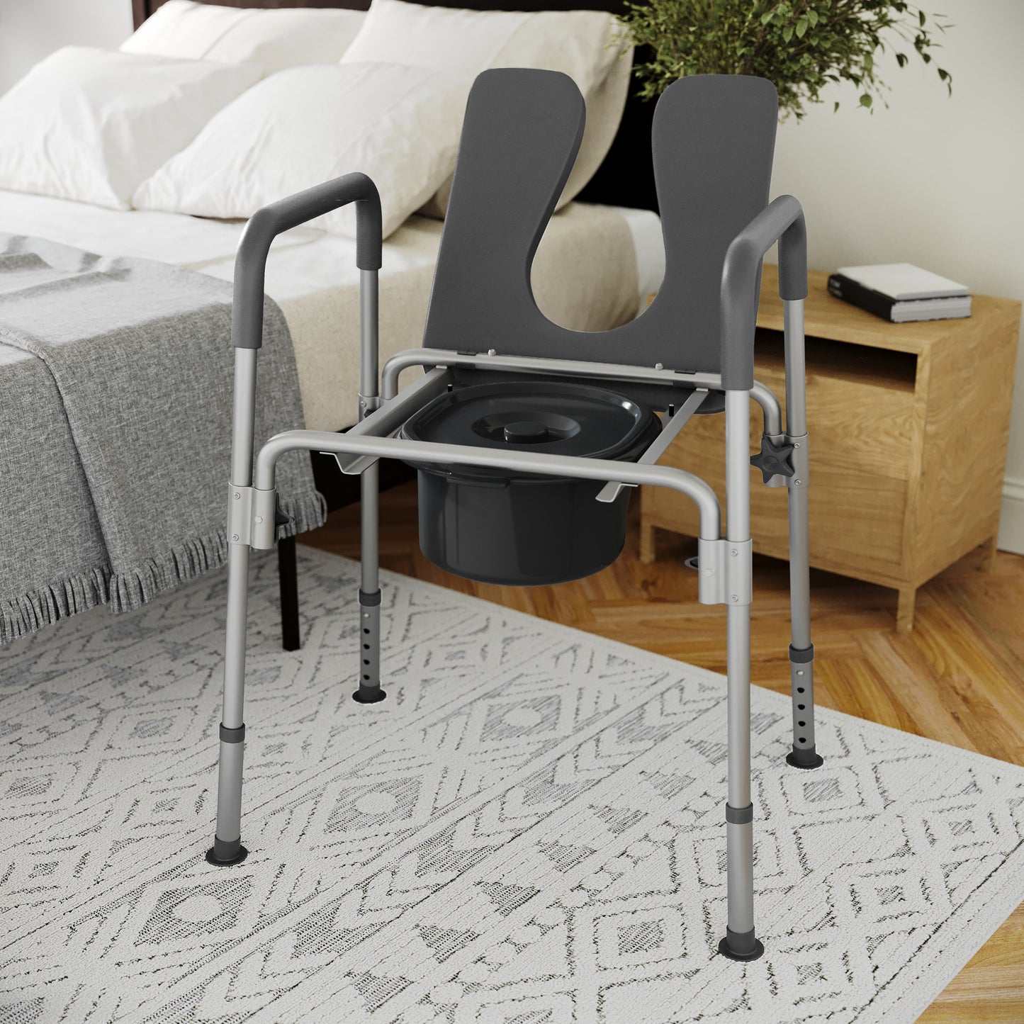 Hercules Gray Shower Commode Chair with Safety Rail, Height Adjustable Frame, Padded Seat & Armrests, Commode Pail with Lid, Fits Most Toilets Gray