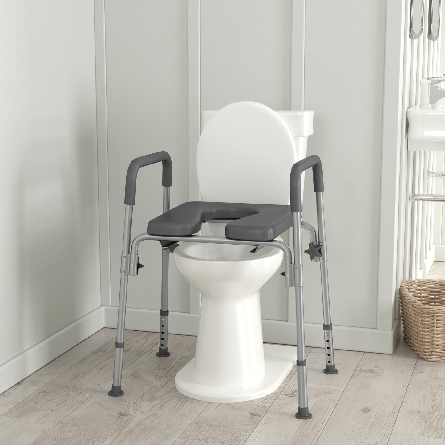 Hercules Gray Shower Commode Chair with Safety Rail, Height Adjustable Frame, Padded Seat & Armrests, Commode Pail with Lid, Fits Most Toilets Gray