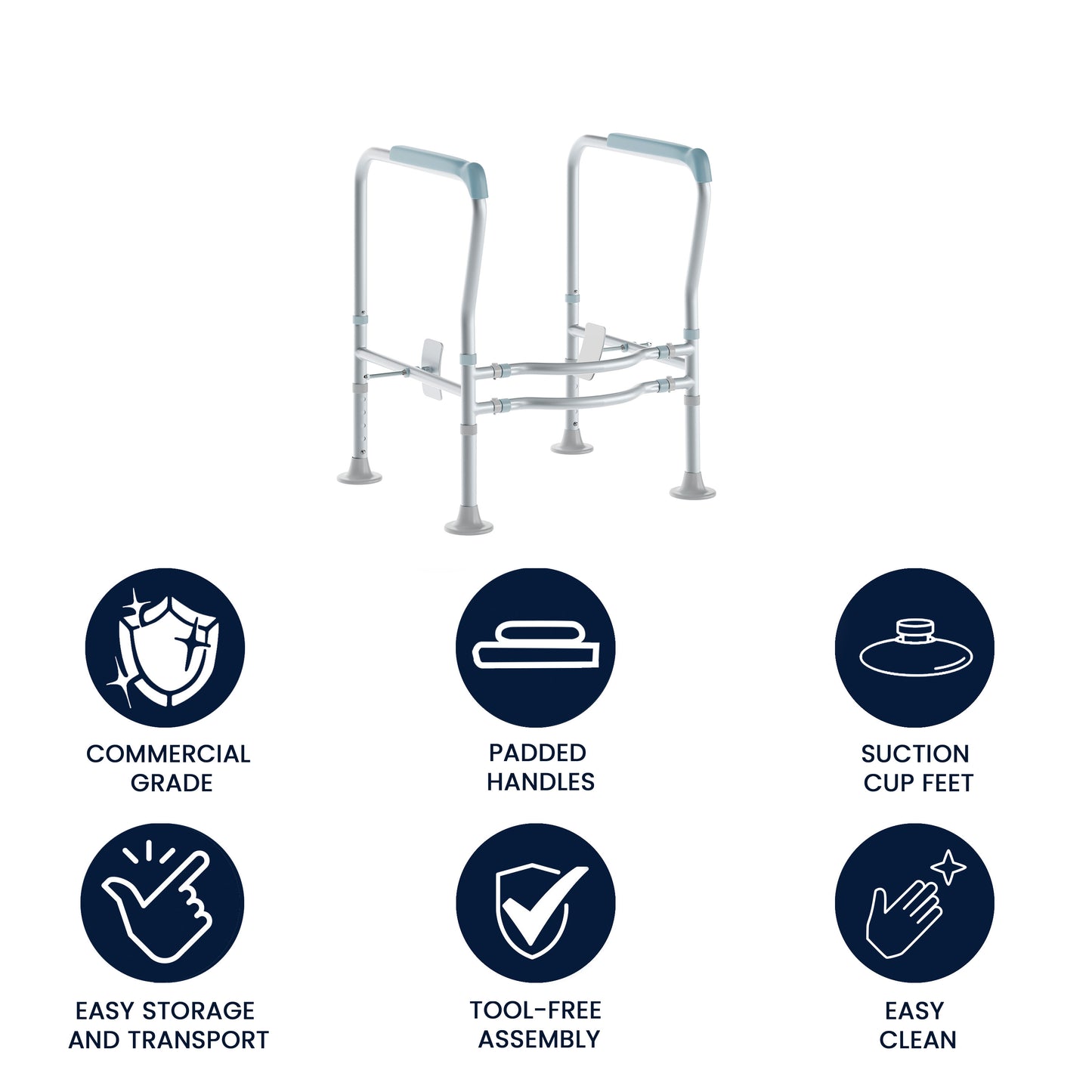 HERCULES Adjustable Toilet Safety Rail with Silver Steel Frame, Gray Padded Handles and Suction Cup Feet for Stability Silver/Gray