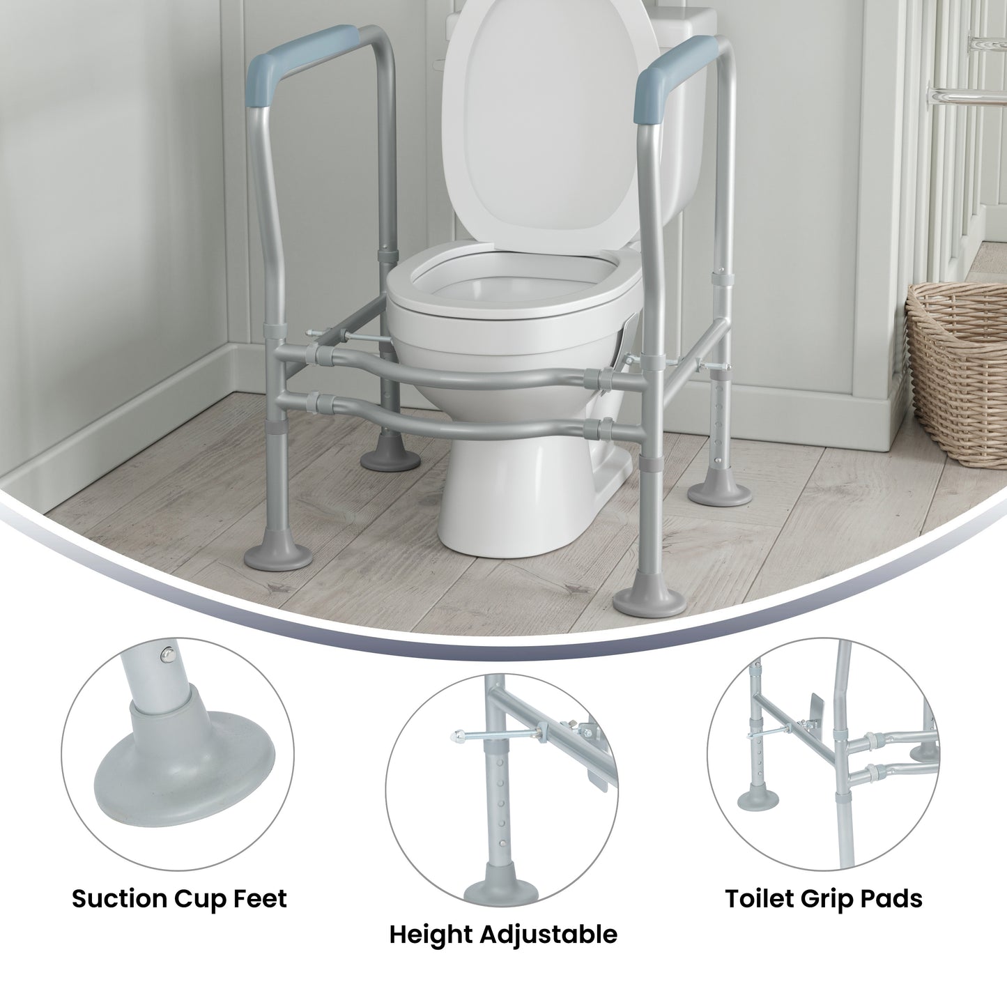 HERCULES Adjustable Toilet Safety Rail with Silver Steel Frame, Gray Padded Handles and Suction Cup Feet for Stability Silver/Gray