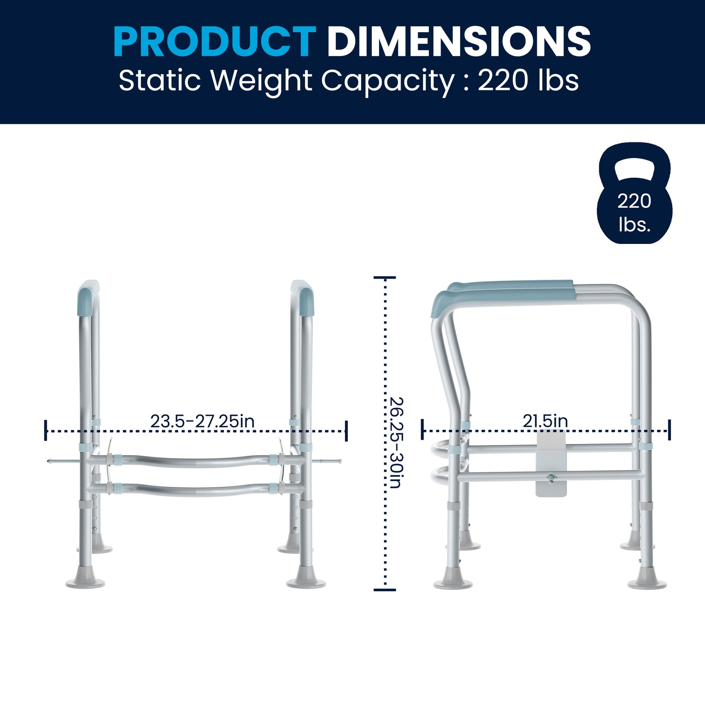 HERCULES Adjustable Toilet Safety Rail with Silver Steel Frame, Gray Padded Handles and Suction Cup Feet for Stability Silver/Gray
