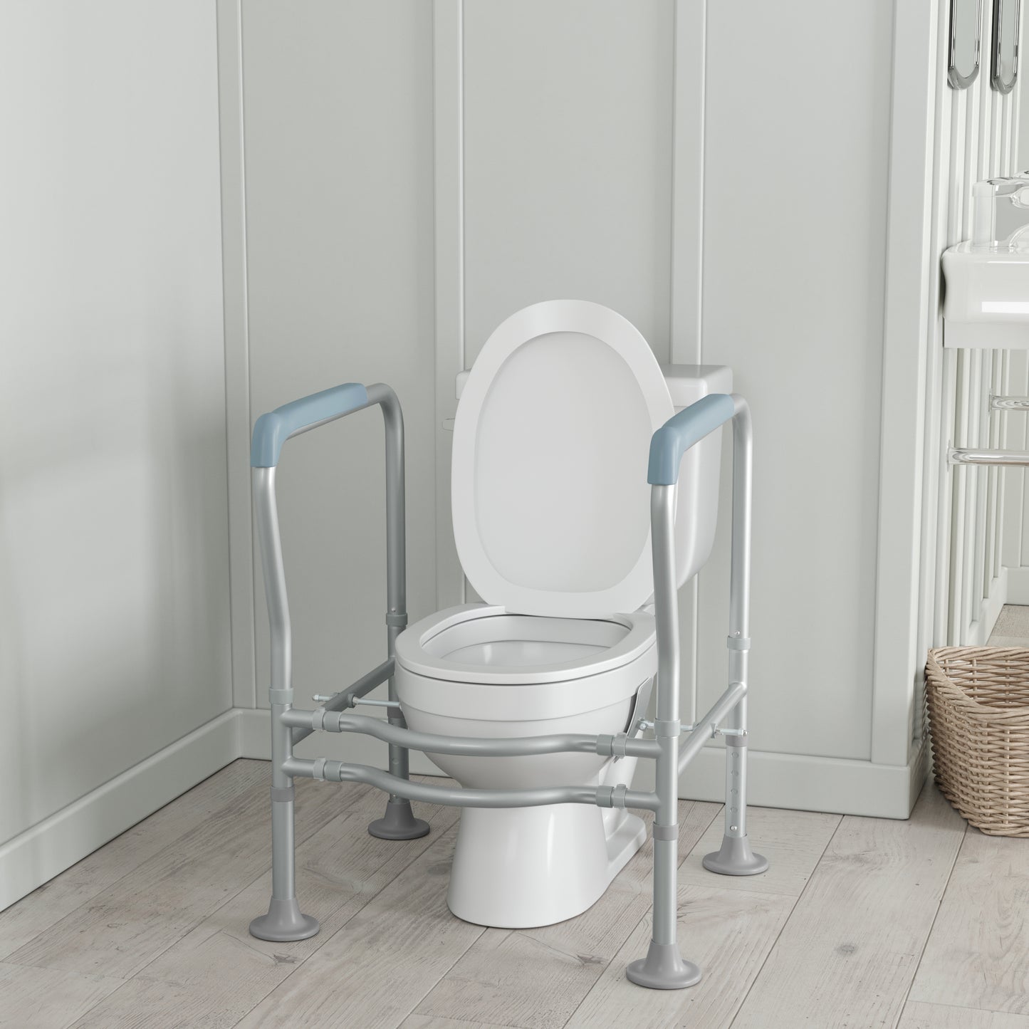 HERCULES Adjustable Toilet Safety Rail with Silver Steel Frame, Gray Padded Handles and Suction Cup Feet for Stability Silver/Gray