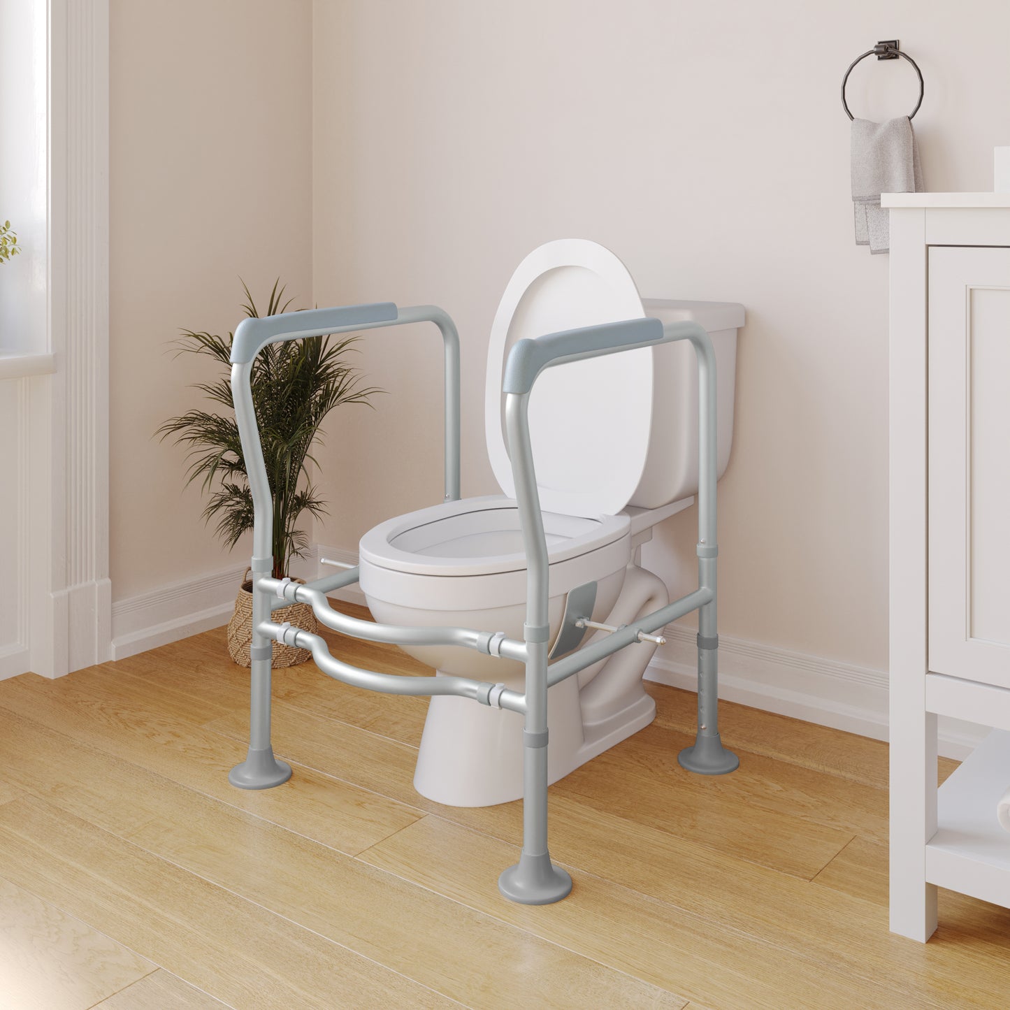 HERCULES Adjustable Toilet Safety Rail with Silver Steel Frame, Gray Padded Handles and Suction Cup Feet for Stability Silver/Gray