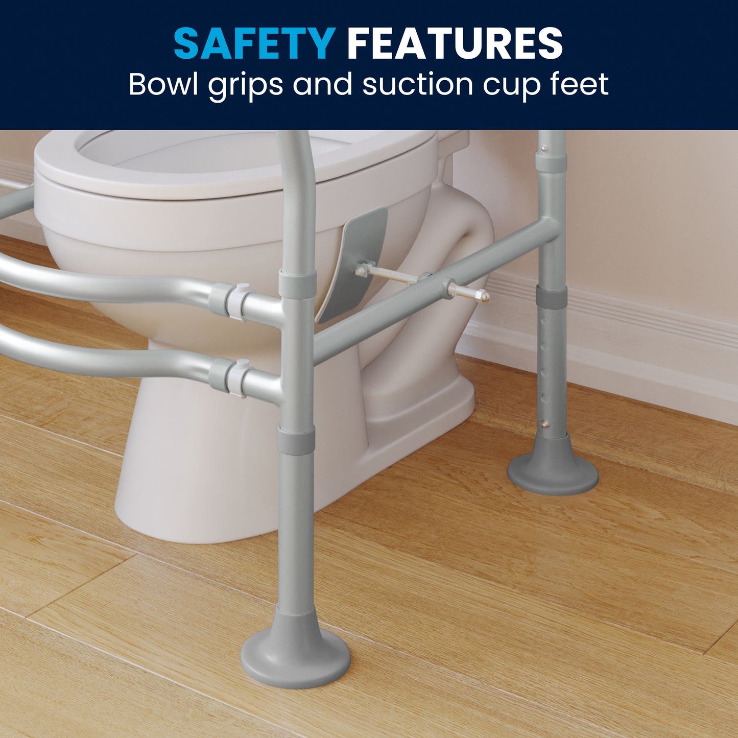 HERCULES Adjustable Toilet Safety Rail with Silver Steel Frame, Gray Padded Handles and Suction Cup Feet for Stability Silver/Gray