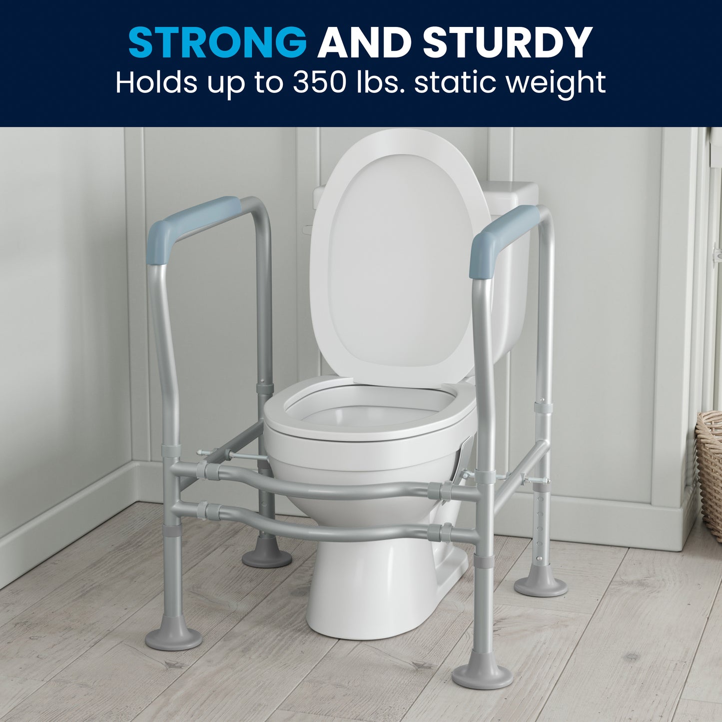 HERCULES Adjustable Toilet Safety Rail with Silver Steel Frame, Gray Padded Handles and Suction Cup Feet for Stability Silver/Gray