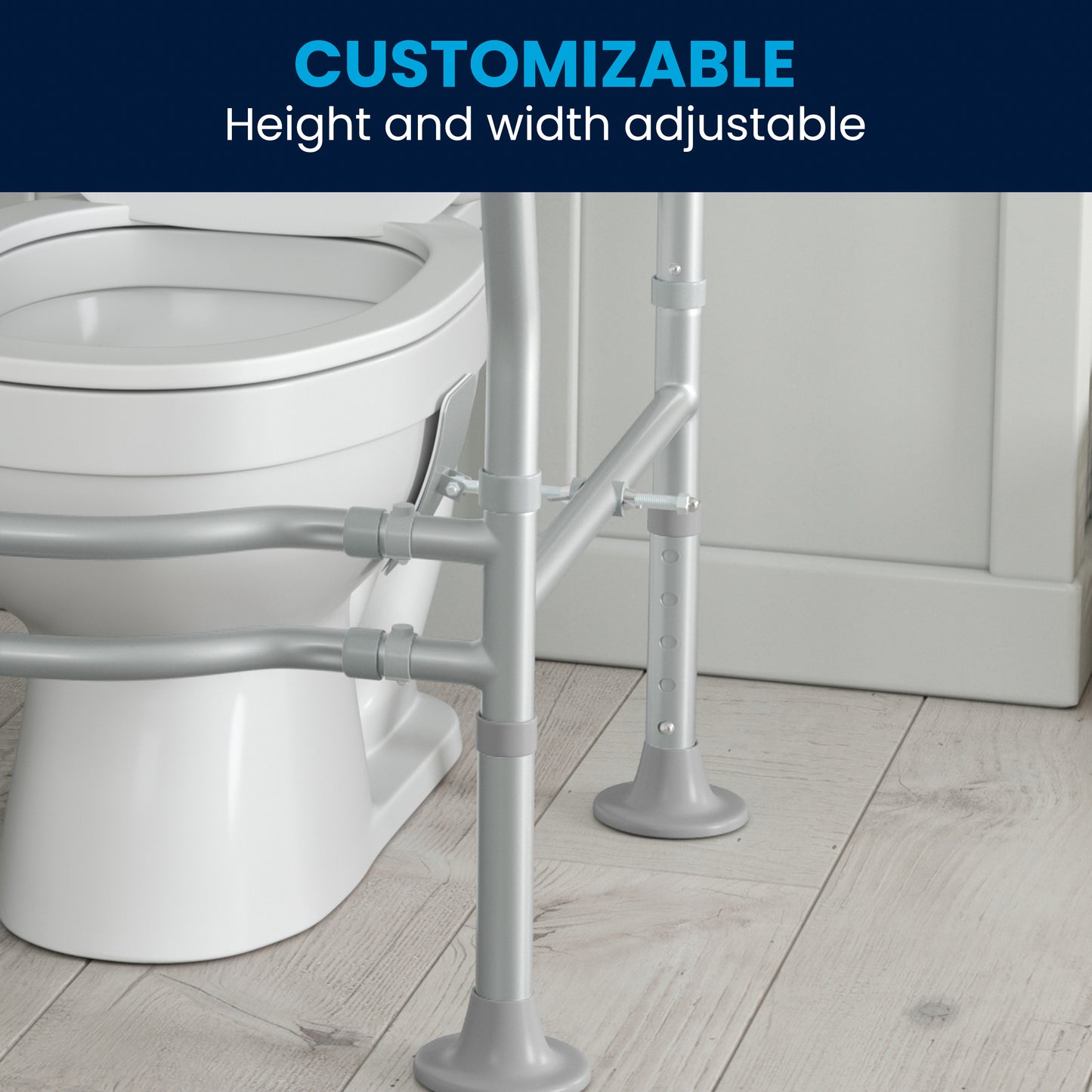 HERCULES Adjustable Toilet Safety Rail with Silver Steel Frame, Gray Padded Handles and Suction Cup Feet for Stability Silver/Gray