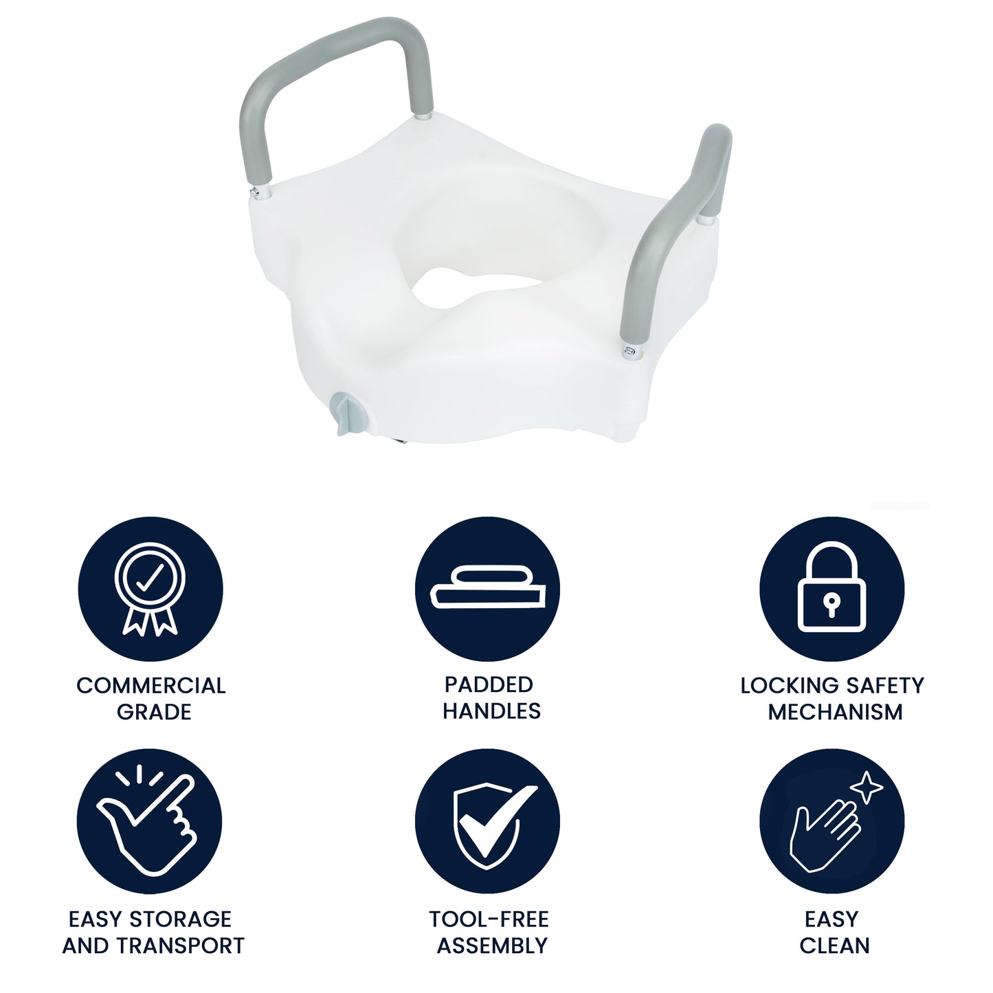 HERCULES White Elevated Toilet Seat with Height Adjustable Padded Arms and Locking Safety Mechanism White