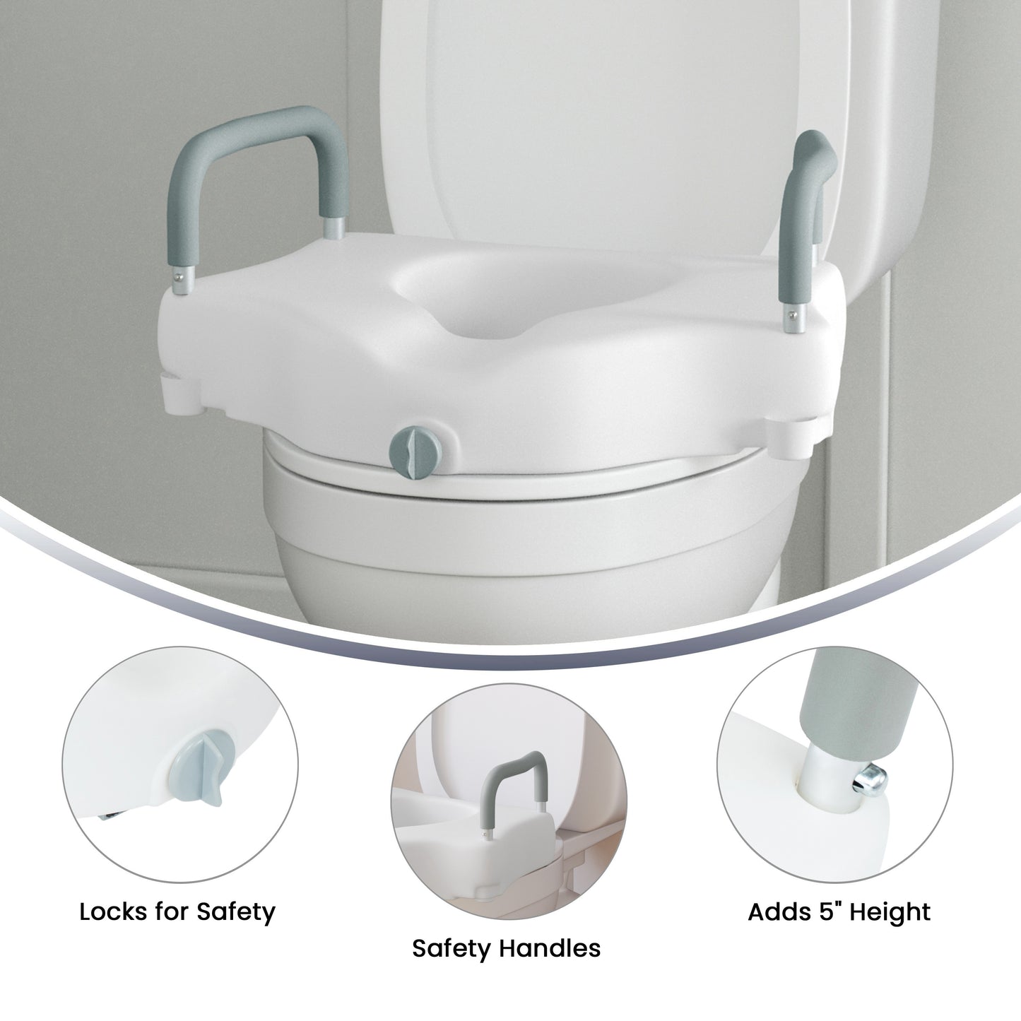 HERCULES White Elevated Toilet Seat with Height Adjustable Padded Arms and Locking Safety Mechanism White