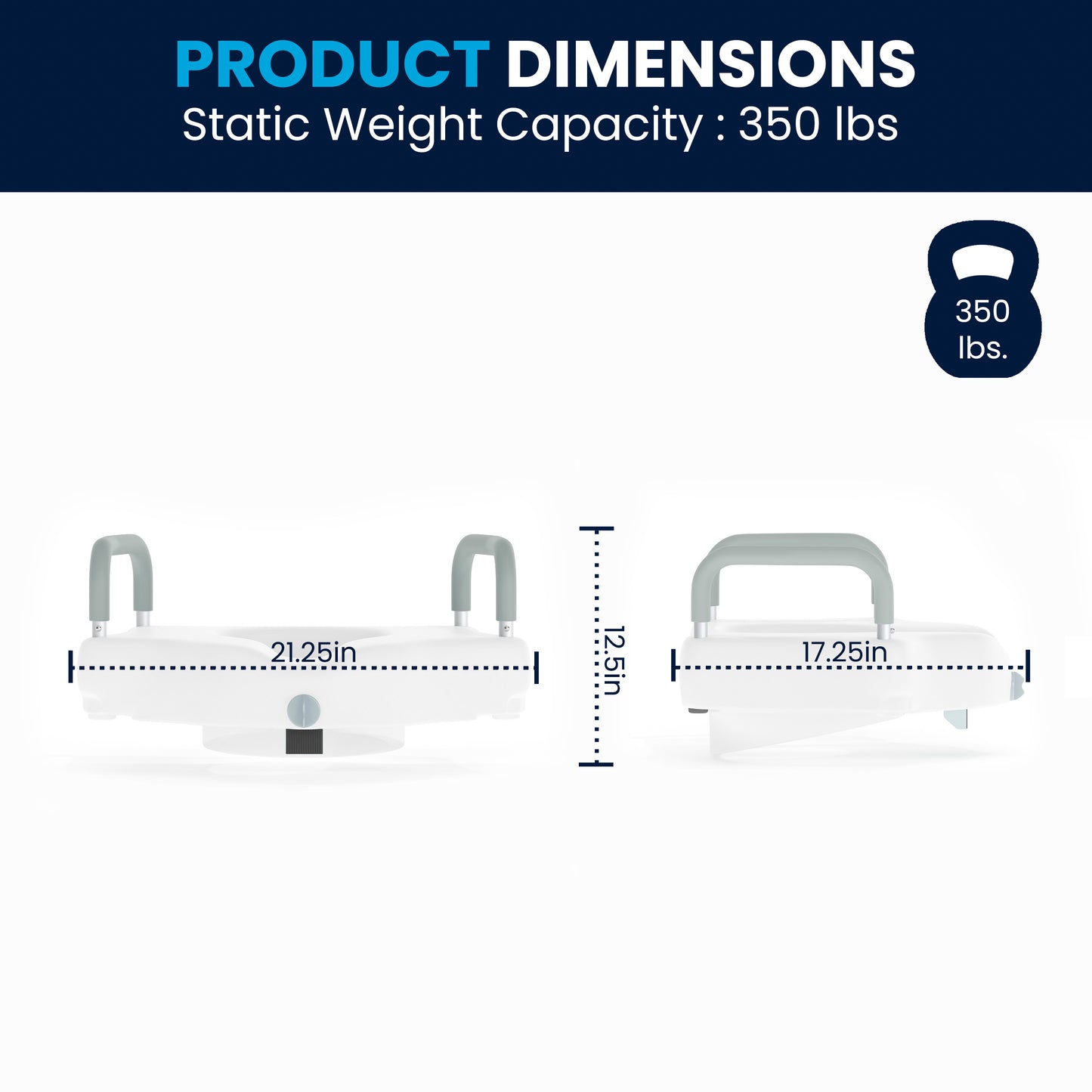 HERCULES White Elevated Toilet Seat with Height Adjustable Padded Arms and Locking Safety Mechanism White