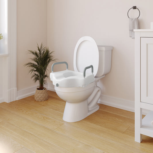 HERCULES White Elevated Toilet Seat with Height Adjustable Padded Arms and Locking Safety Mechanism White