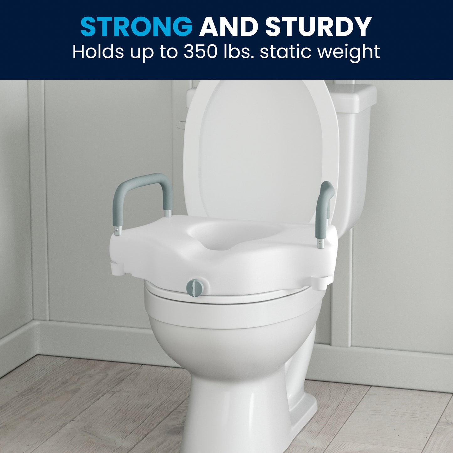 HERCULES White Elevated Toilet Seat with Height Adjustable Padded Arms and Locking Safety Mechanism White
