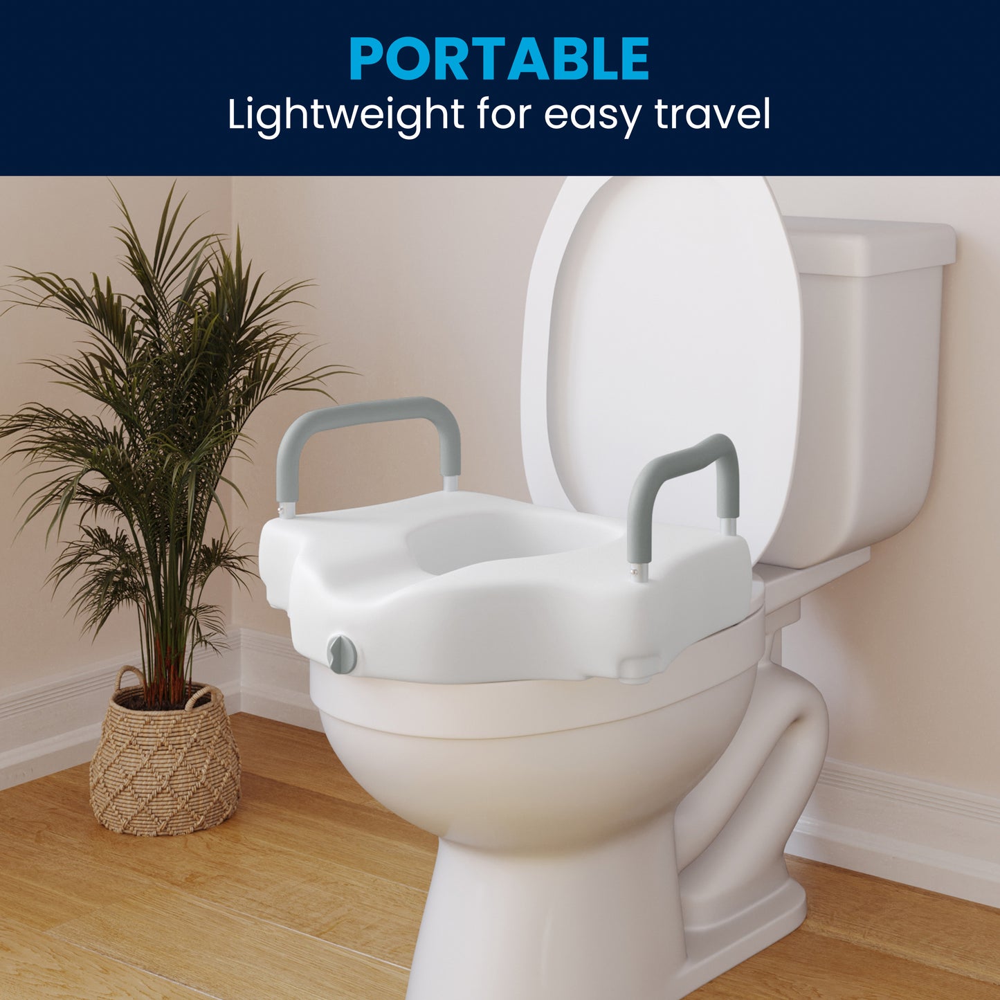 HERCULES White Elevated Toilet Seat with Height Adjustable Padded Arms and Locking Safety Mechanism White