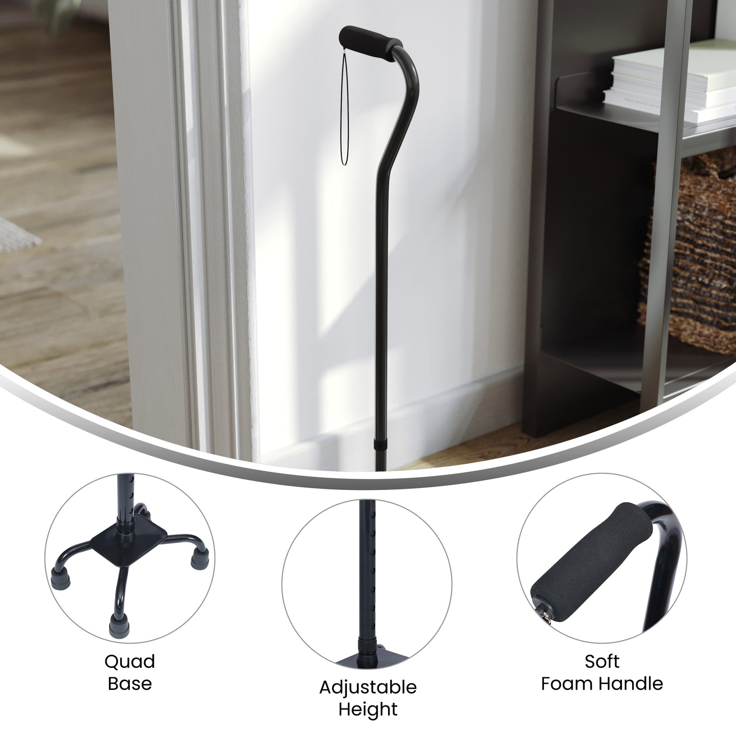 HERCULES Adjustable Quad Cane with Comfort Grip Foam Padded Handle, Large 4-Pronged Base for Stability, and Left or Right Handed Use in Black Black
