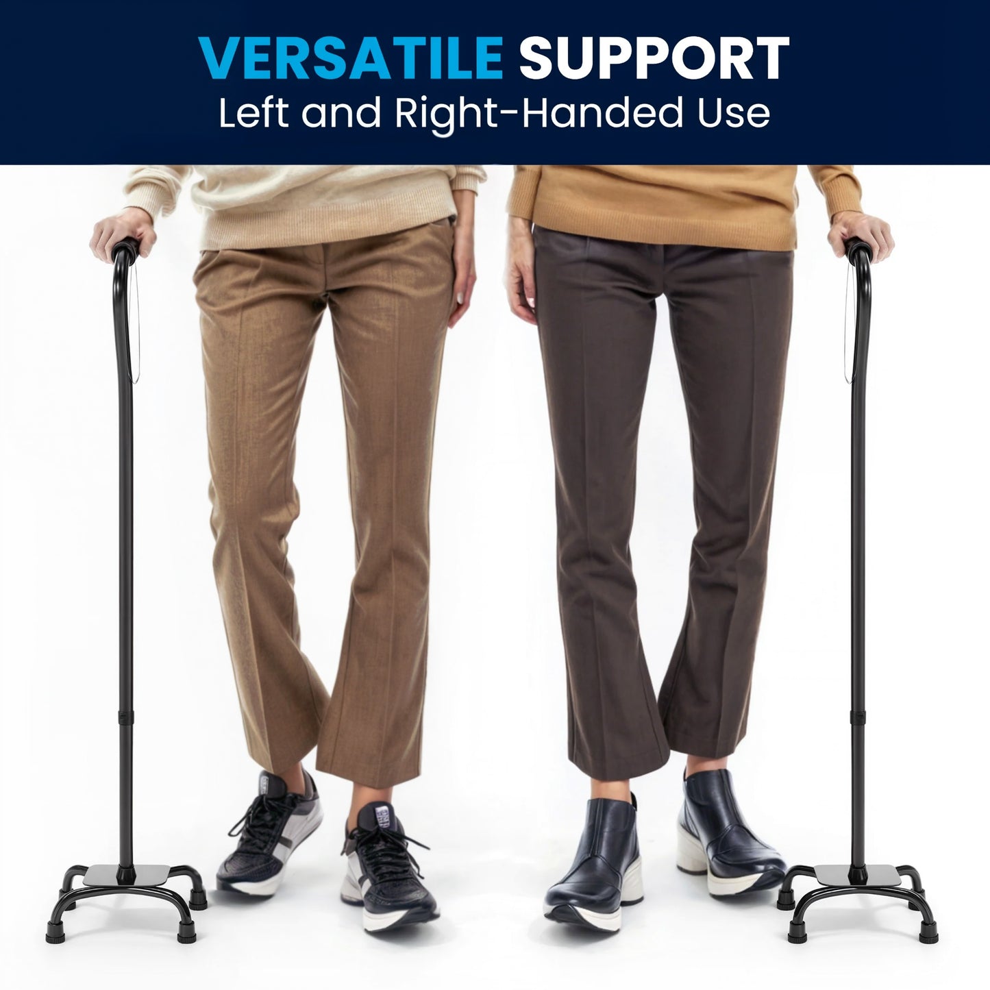 HERCULES Adjustable Quad Cane with Comfort Grip Foam Padded Handle, Large 4-Pronged Base for Stability, and Left or Right Handed Use in Black Black