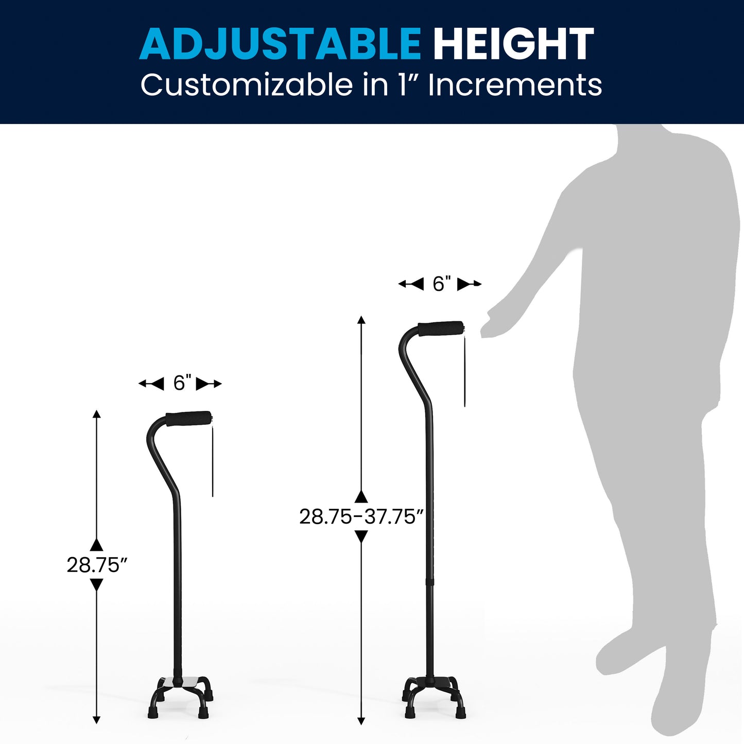 HERCULES Adjustable Quad Cane with Comfort Grip Foam Padded Handle, Large 4-Pronged Base for Stability, and Left or Right Handed Use in Black Black