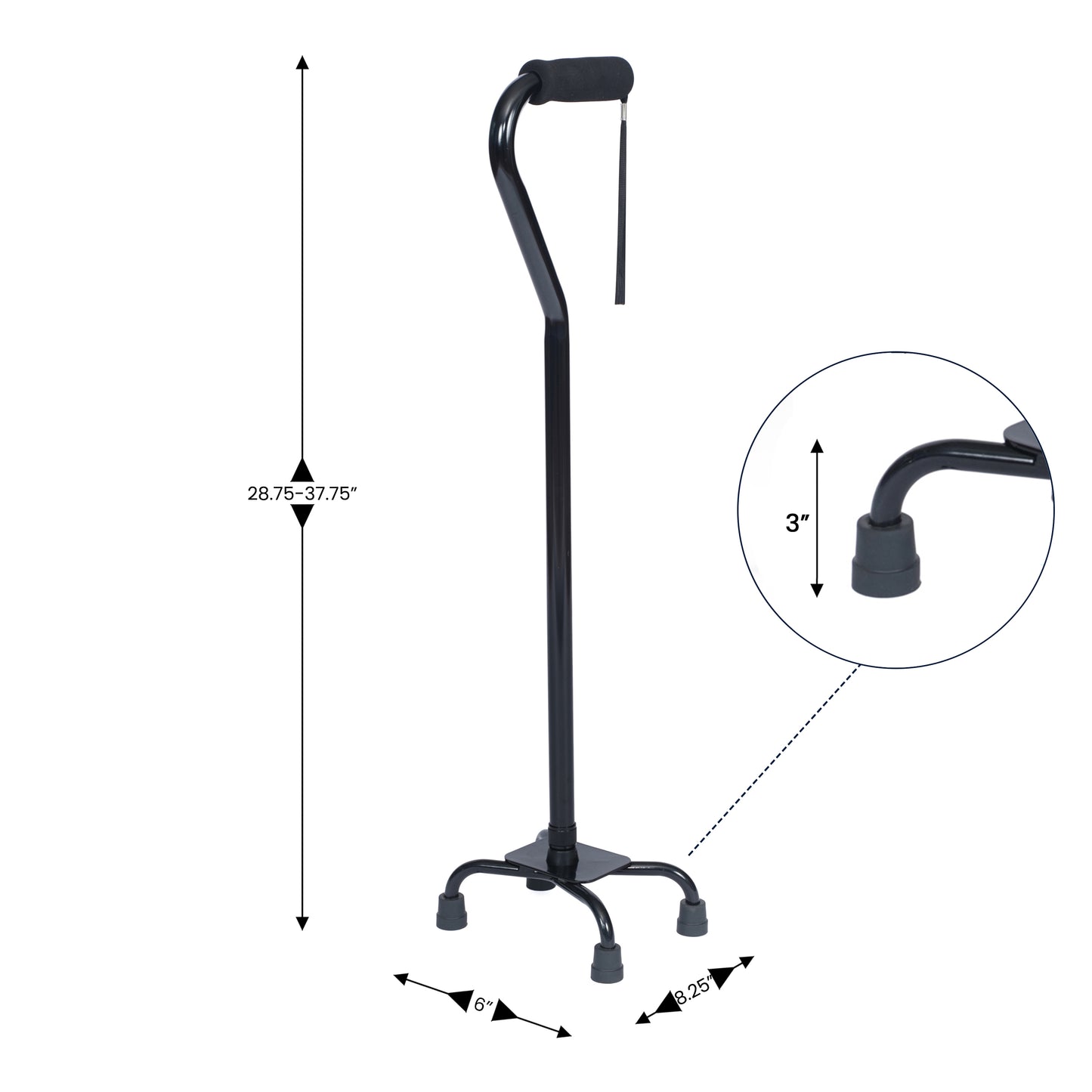 HERCULES Adjustable Quad Cane with Comfort Grip Foam Padded Handle, Large 4-Pronged Base for Stability, and Left or Right Handed Use in Black Black