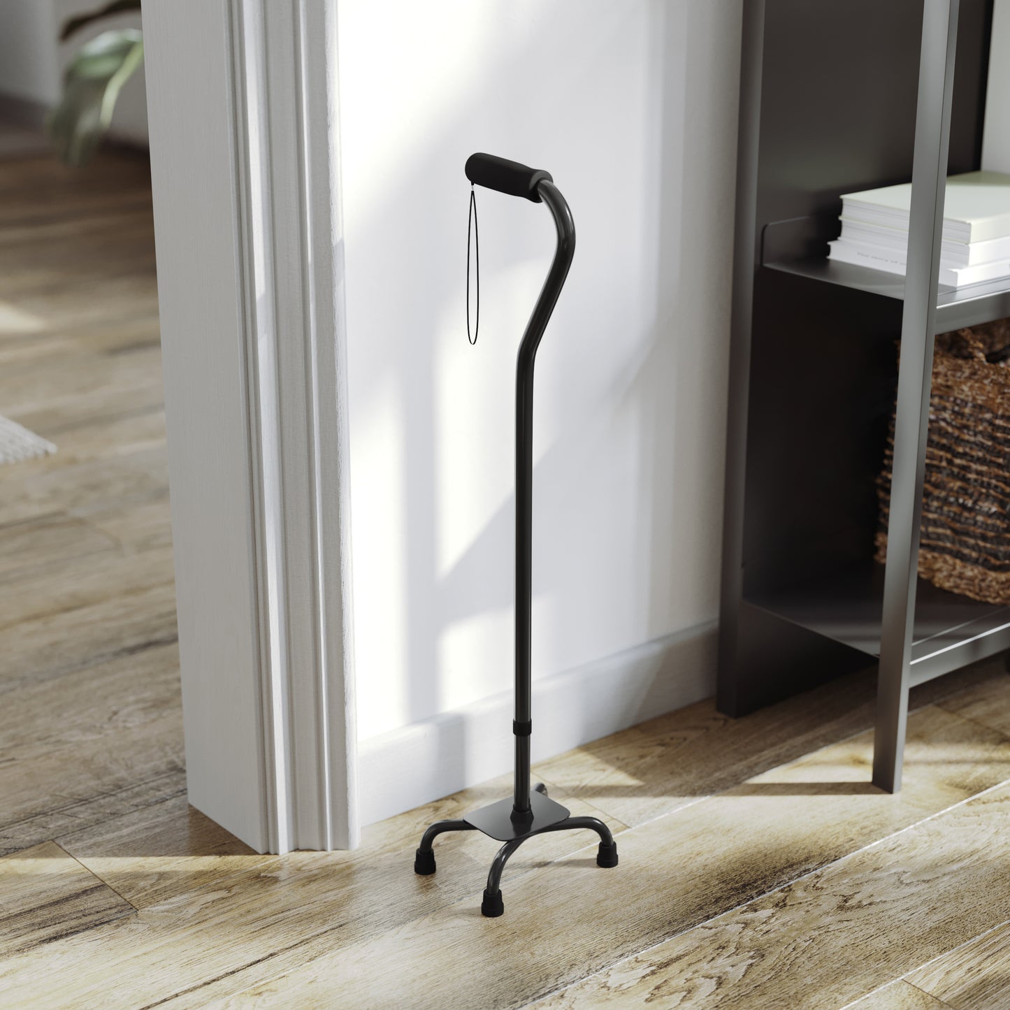 HERCULES Adjustable Quad Cane with Comfort Grip Foam Padded Handle, Large 4-Pronged Base for Stability, and Left or Right Handed Use in Black Black