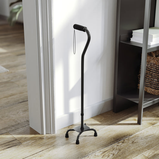 HERCULES Adjustable Quad Cane with Comfort Grip Foam Padded Handle, Large 4-Pronged Base for Stability, and Left or Right Handed Use in Black Black