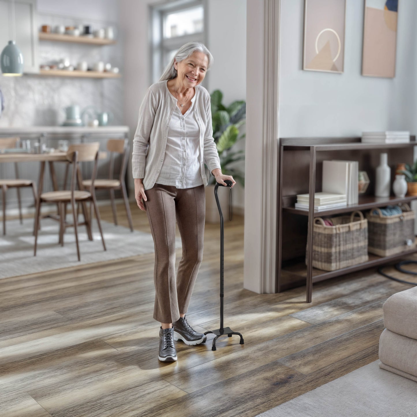 HERCULES Adjustable Quad Cane with Comfort Grip Foam Padded Handle, Large 4-Pronged Base for Stability, and Left or Right Handed Use in Black Black