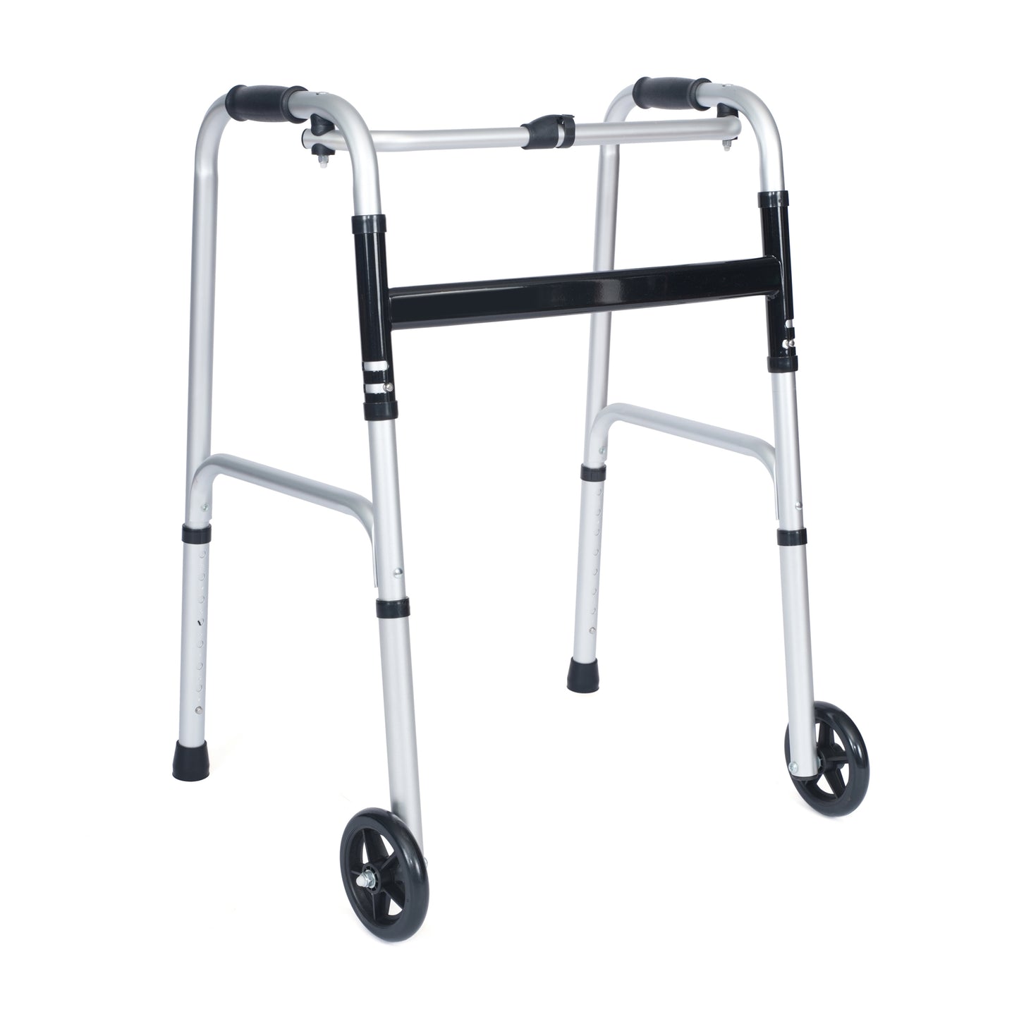 HERCULES Folding Walker with Adjustable Height, Interchangeable Wheels or Feet, Dual Frame Types, and Lightweight Design in Silver/Black Black and Silver