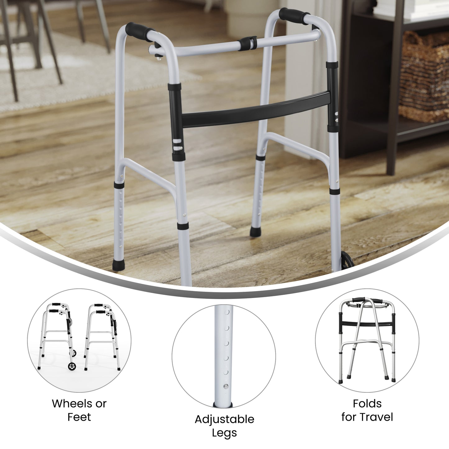 HERCULES Folding Walker with Adjustable Height, Interchangeable Wheels or Feet, Dual Frame Types, and Lightweight Design in Silver/Black Black and Silver
