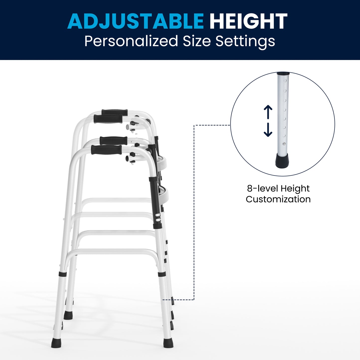 HERCULES Folding Walker with Adjustable Height, Interchangeable Wheels or Feet, Dual Frame Types, and Lightweight Design in Silver/Black Black and Silver