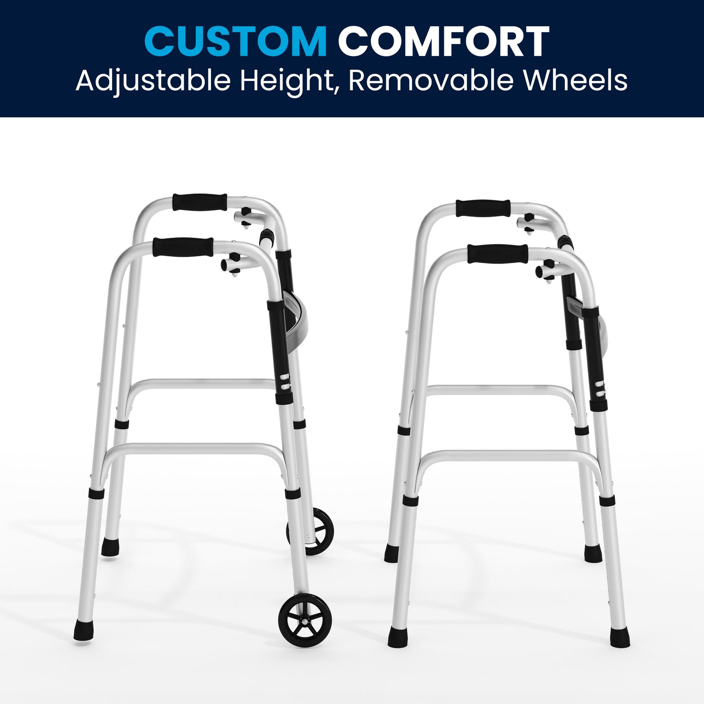 HERCULES Folding Walker with Adjustable Height, Interchangeable Wheels or Feet, Dual Frame Types, and Lightweight Design in Silver/Black Black and Silver