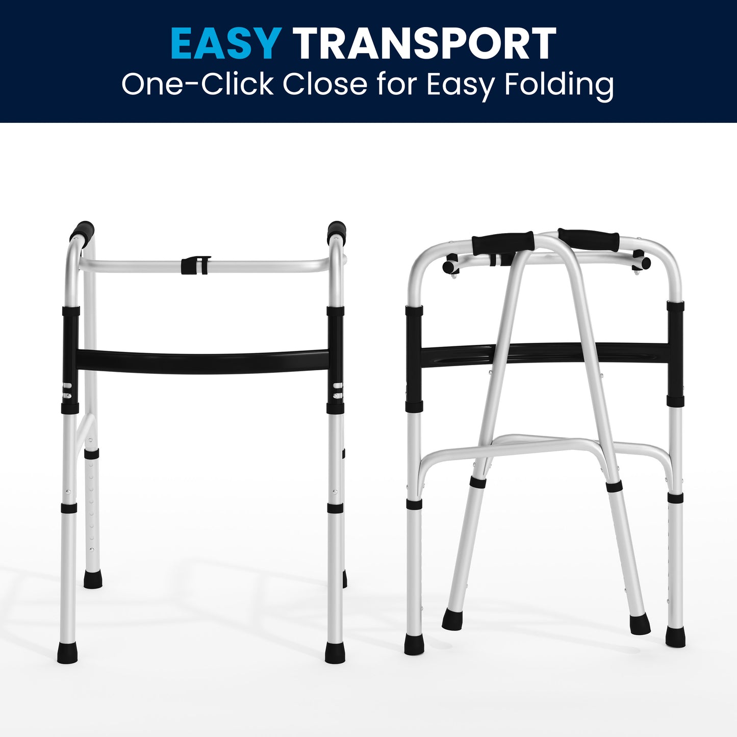 HERCULES Folding Walker with Adjustable Height, Interchangeable Wheels or Feet, Dual Frame Types, and Lightweight Design in Silver/Black Black and Silver