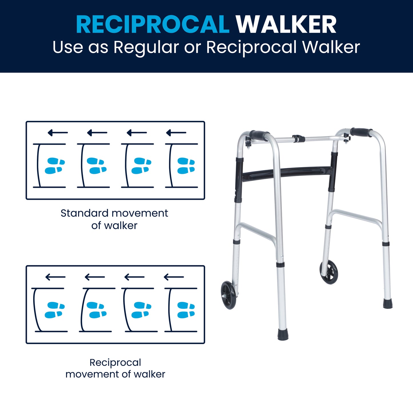 HERCULES Folding Walker with Adjustable Height, Interchangeable Wheels or Feet, Dual Frame Types, and Lightweight Design in Silver/Black Black and Silver