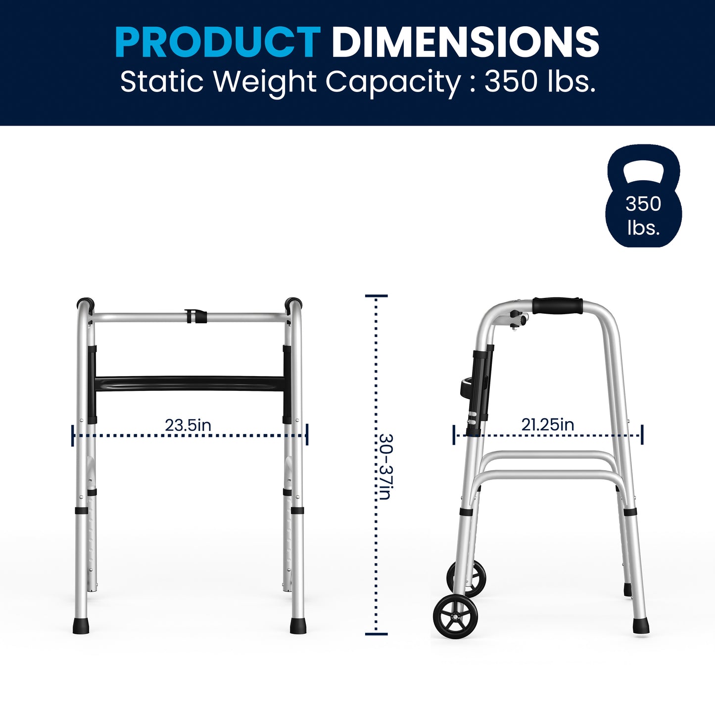 HERCULES Folding Walker with Adjustable Height, Interchangeable Wheels or Feet, Dual Frame Types, and Lightweight Design in Silver/Black Black and Silver