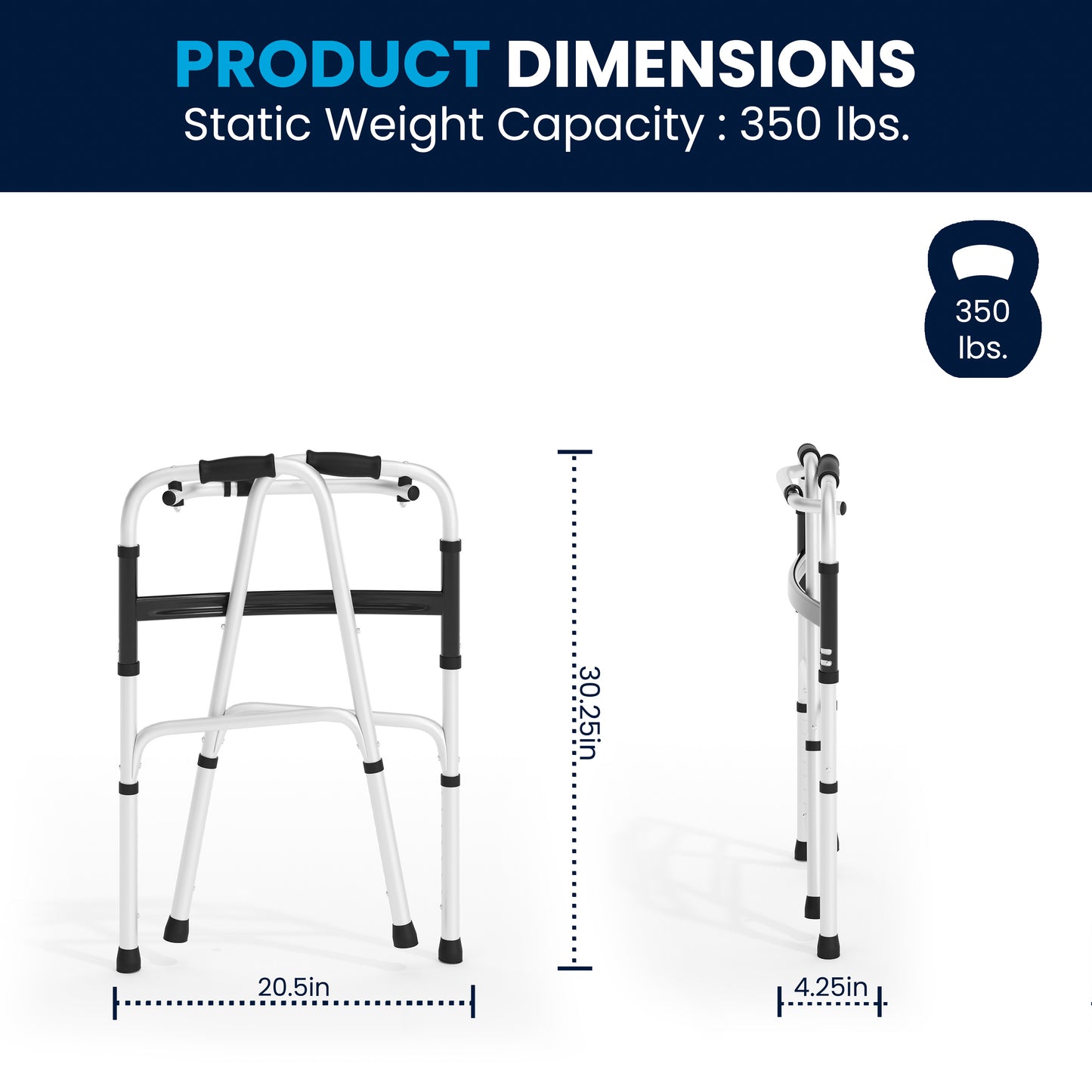 HERCULES Folding Walker with Adjustable Height, Interchangeable Wheels or Feet, Dual Frame Types, and Lightweight Design in Silver/Black Black and Silver
