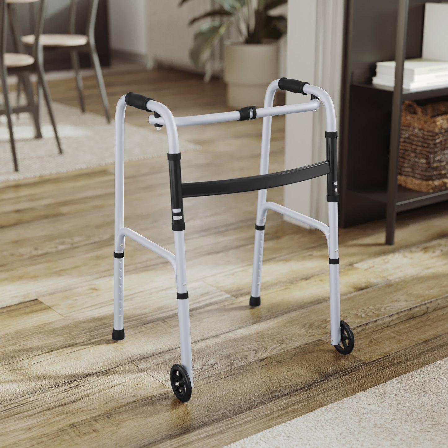 HERCULES Folding Walker with Adjustable Height, Interchangeable Wheels or Feet, Dual Frame Types, and Lightweight Design in Silver/Black Black and Silver