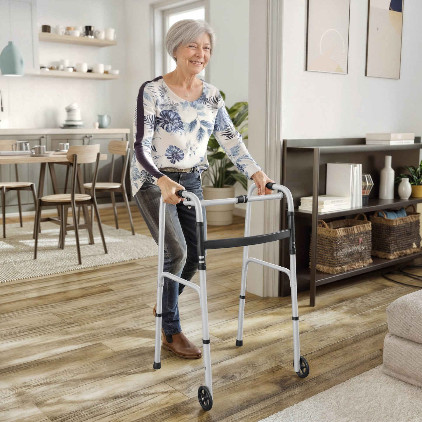 HERCULES Folding Walker with Adjustable Height, Interchangeable Wheels or Feet, Dual Frame Types, and Lightweight Design in Silver/Black Black and Silver